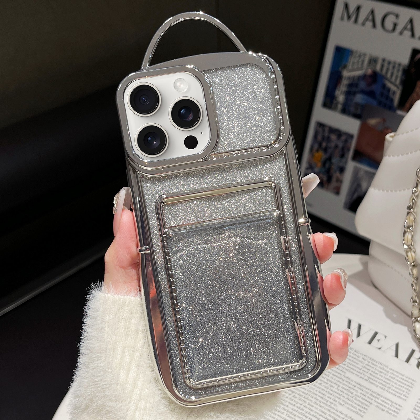 For iPhone 15 Pro Electroplated Card Slot Gradient Glitter Paper TPU Phone Case(Silver) - Shopkiz.com