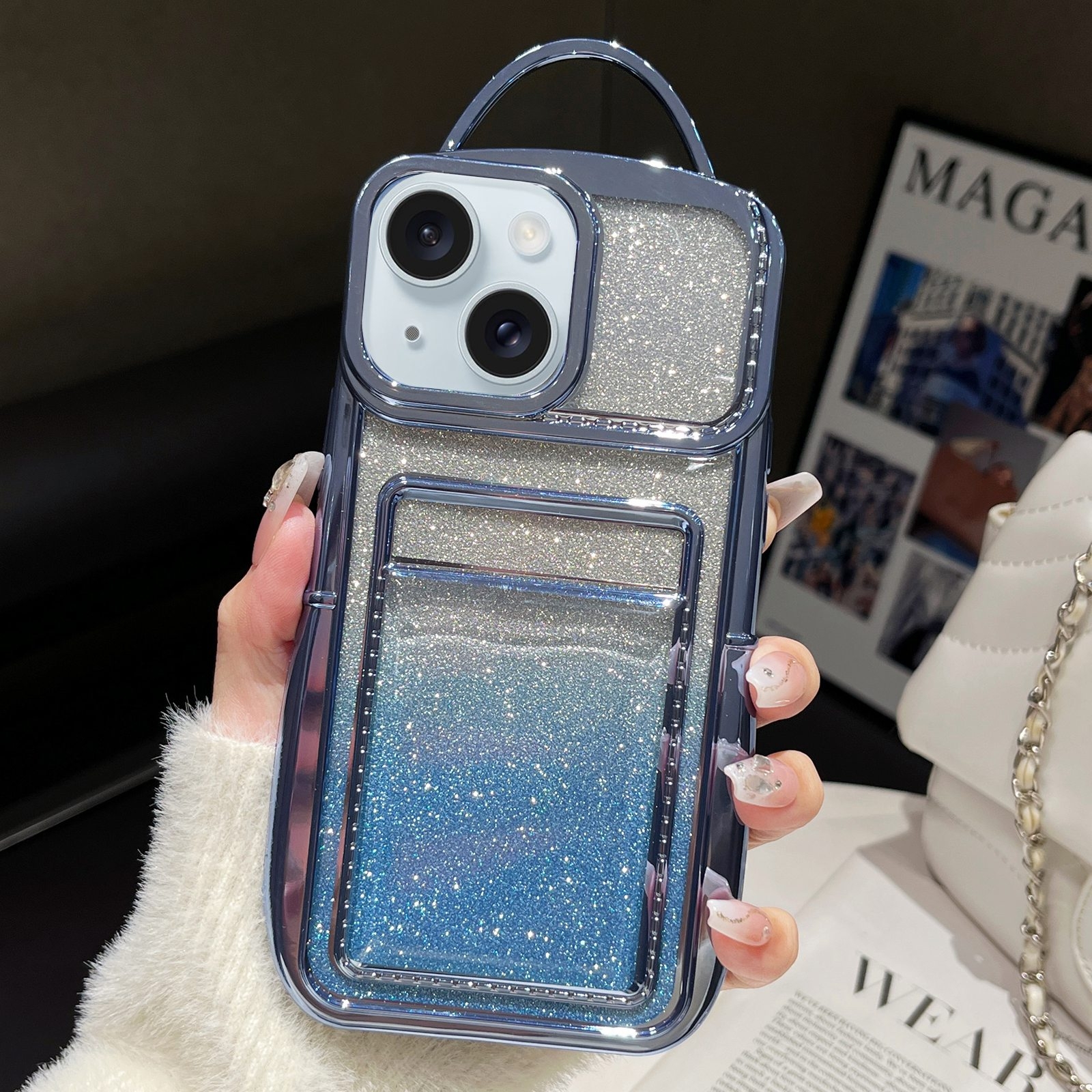 For iPhone 14 Plus Electroplated Card Slot Gradient Glitter Paper TPU Phone Case(Blue) - Shopkiz.com