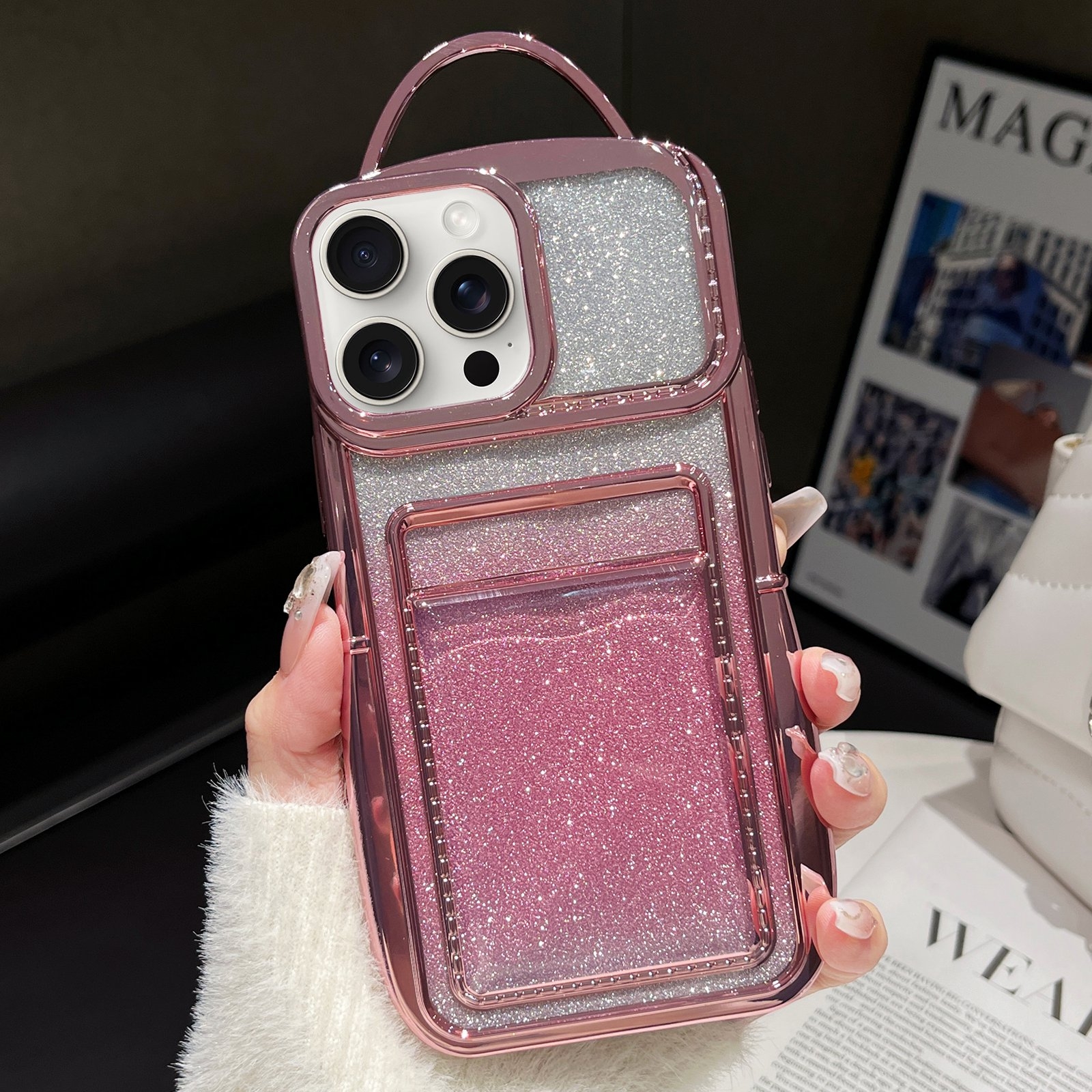 For iPhone 14 Pro Max Electroplated Card Slot Gradient Glitter Paper TPU Phone Case(Pink) - Shopkiz.com