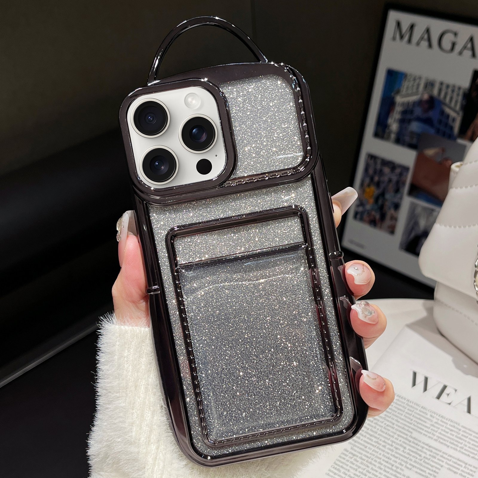 For iPhone 13 Pro Max Electroplated Card Slot Gradient Glitter Paper TPU Phone Case(Black) - Shopkiz.com