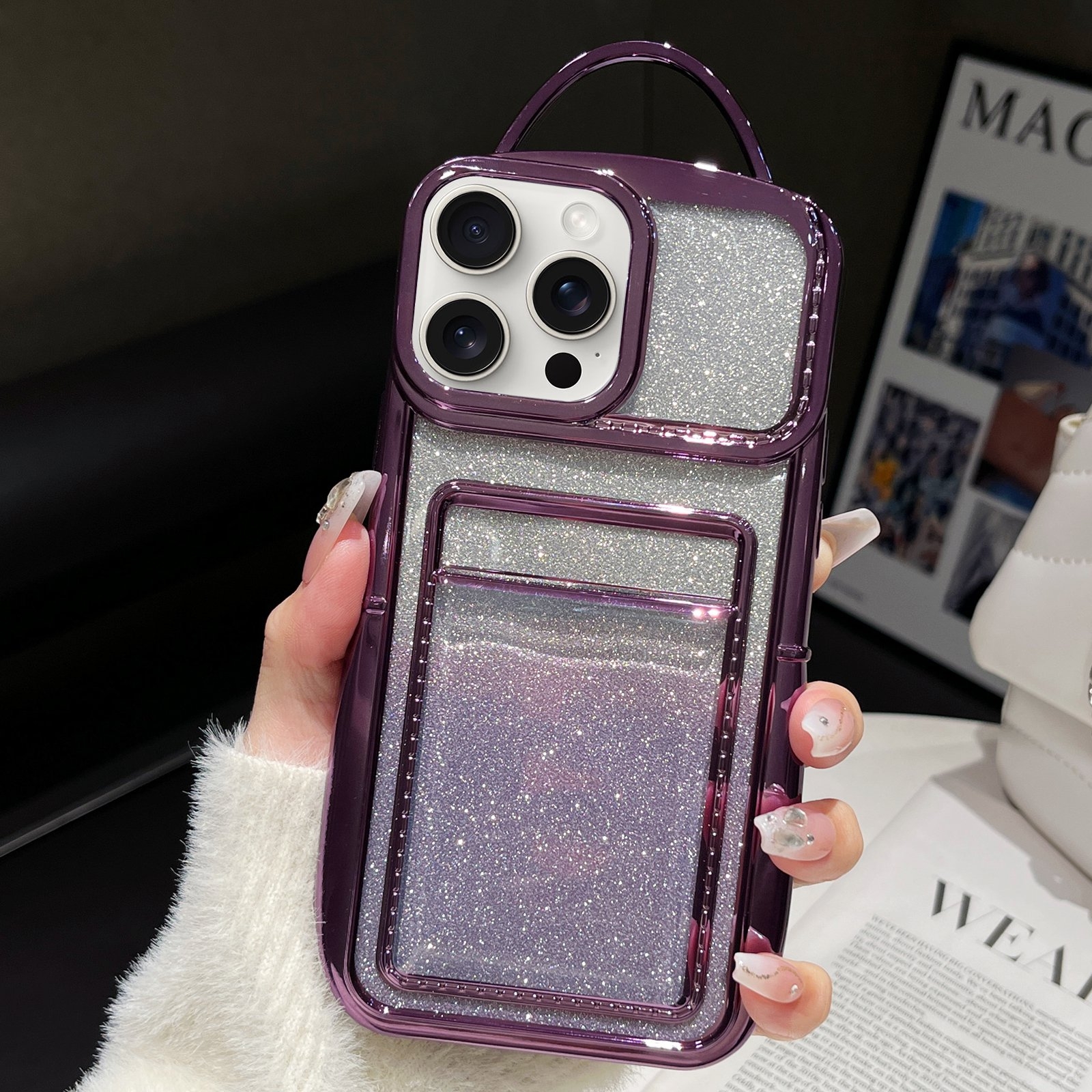 For iPhone 13 Pro Electroplated Card Slot Gradient Glitter Paper TPU Phone Case(Purple) - Shopkiz.com