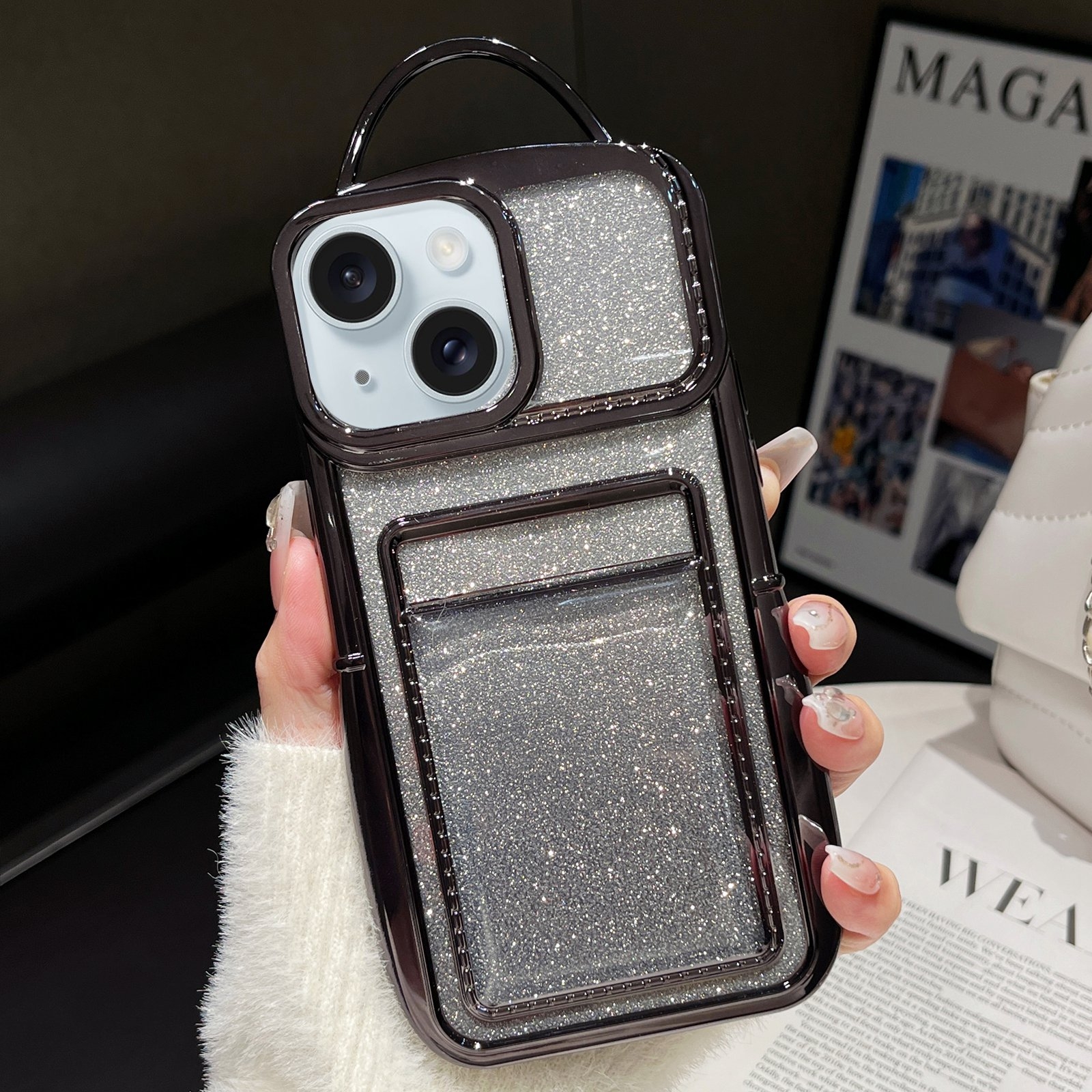 For iPhone 13 Electroplated Card Slot Gradient Glitter Paper TPU Phone Case(Black) - Shopkiz.com