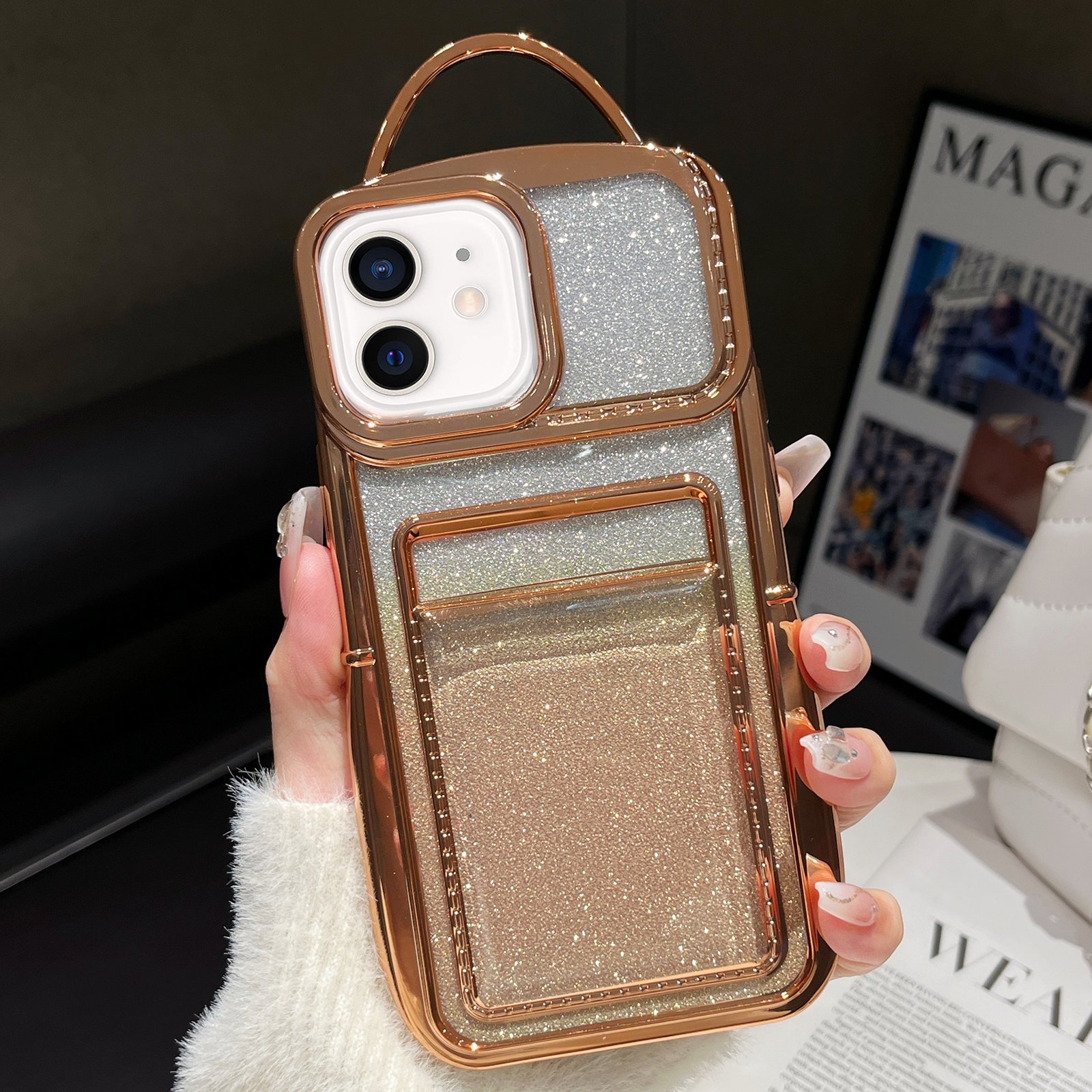 For iPhone 12 Electroplated Card Slot Gradient Glitter Paper TPU Phone Case(Gold) - Shopkiz.com