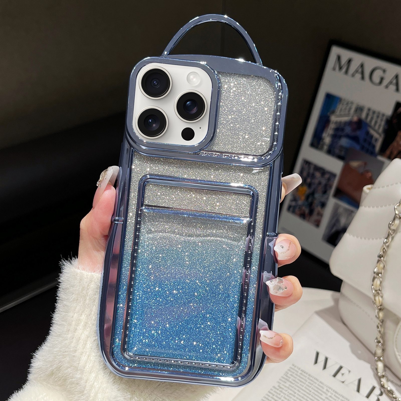 For iPhone 12 Pro Electroplated Card Slot Gradient Glitter Paper TPU Phone Case(Blue) - Shopkiz.com