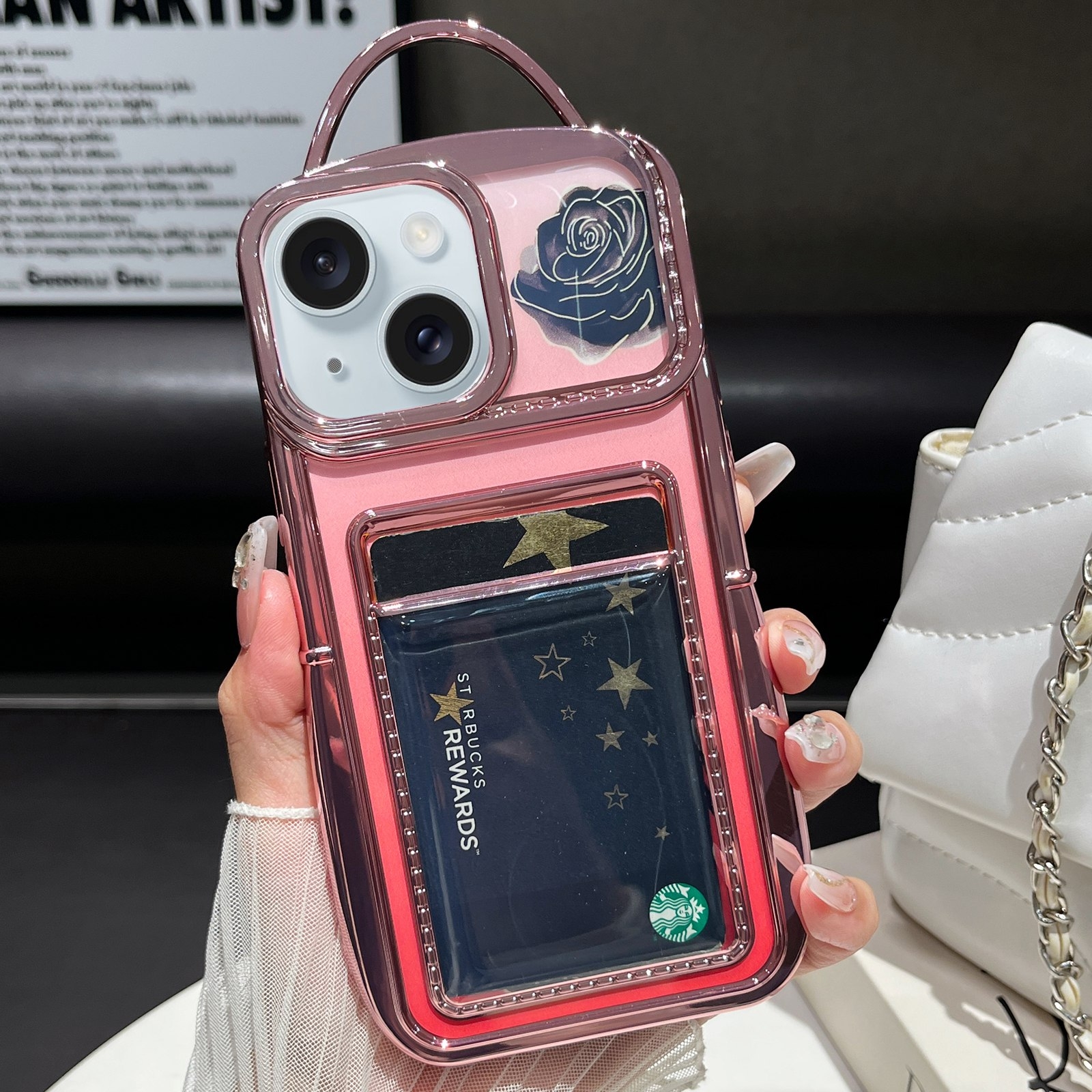 For iPhone 15 Plus Electroplated Card Slot Laser Rose Cardboard TPU Phone Case(Pink) - Shopkiz.com