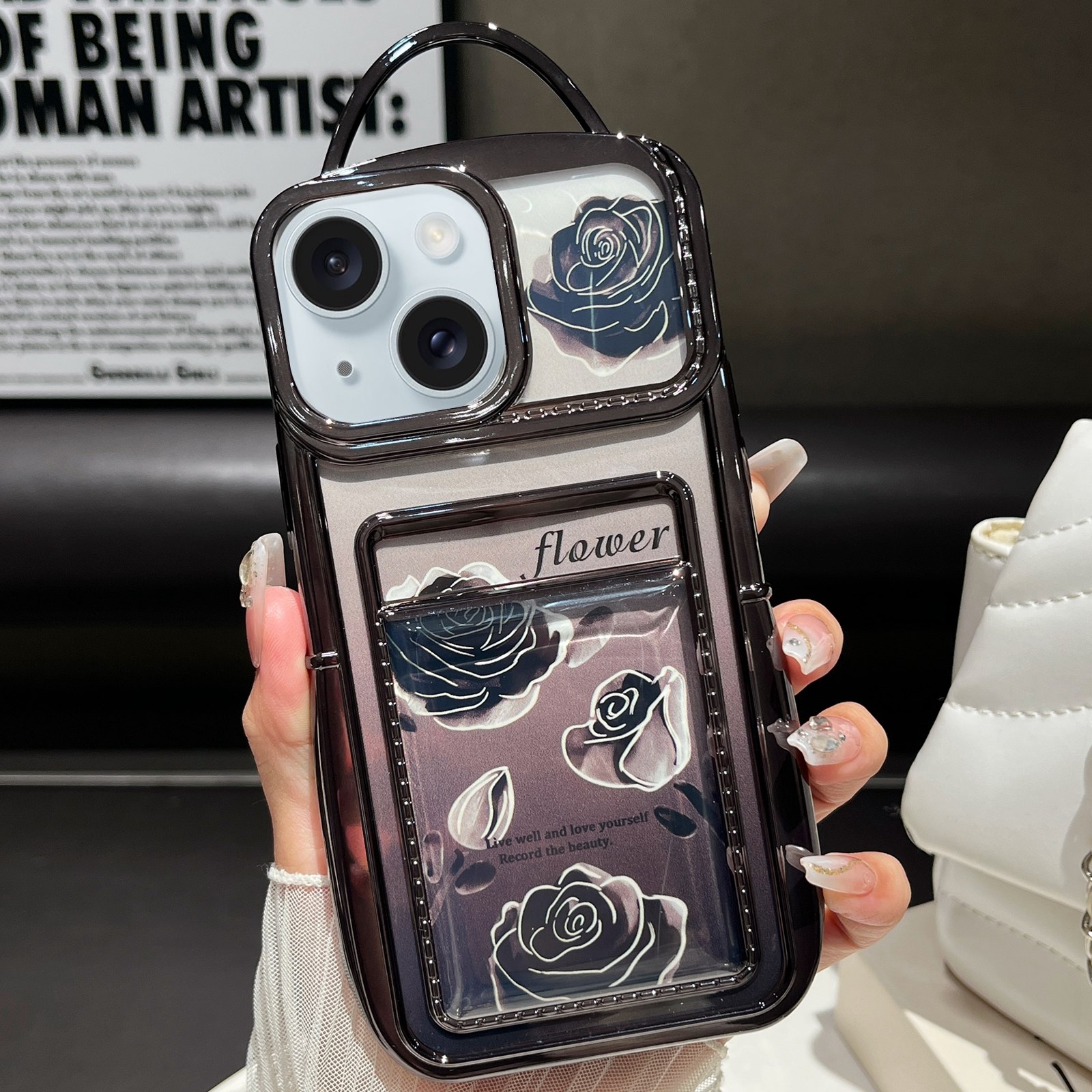 For iPhone 14 Plus Electroplated Card Slot Laser Rose Cardboard TPU Phone Case(Black) - Shopkiz.com