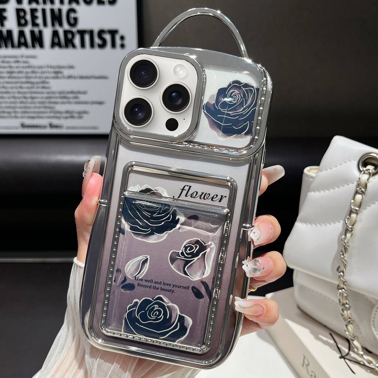 For iPhone 13 Pro Max Electroplated Card Slot Laser Rose Cardboard TPU Phone Case(Silver) - Shopkiz.com