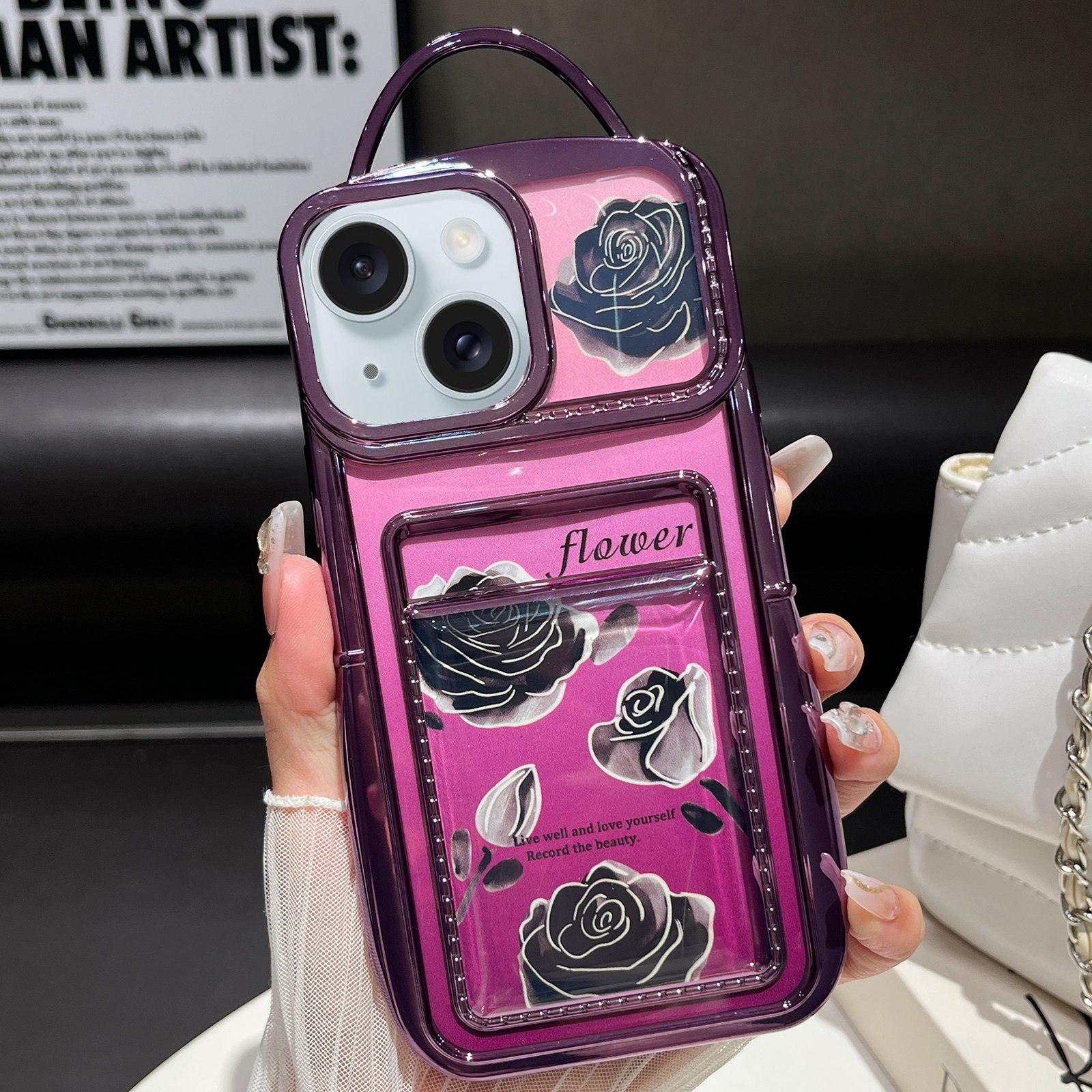 For iPhone 13 Electroplated Card Slot Laser Rose Cardboard TPU Phone Case(Purple) - Shopkiz.com