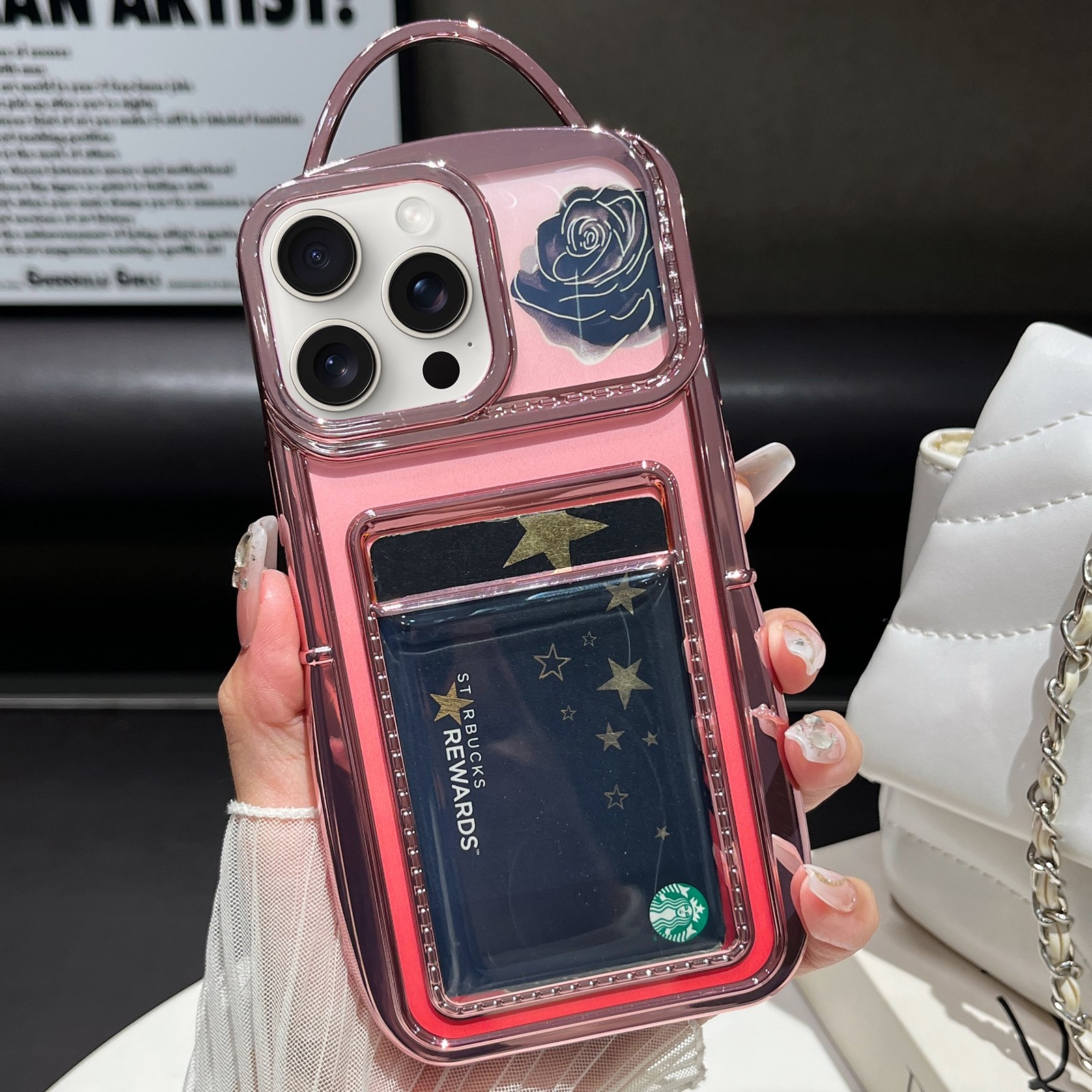 For iPhone 12 Pro Max Electroplated Card Slot Laser Rose Cardboard TPU Phone Case(Pink) - Shopkiz.com