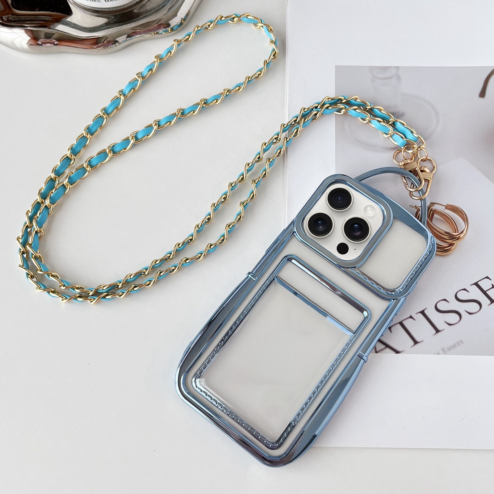 For iPhone 15 Pro Max Electroplated Clear Card Slot TPU Phone Case with Crossbody Chain(Blue) - Shopkiz.com