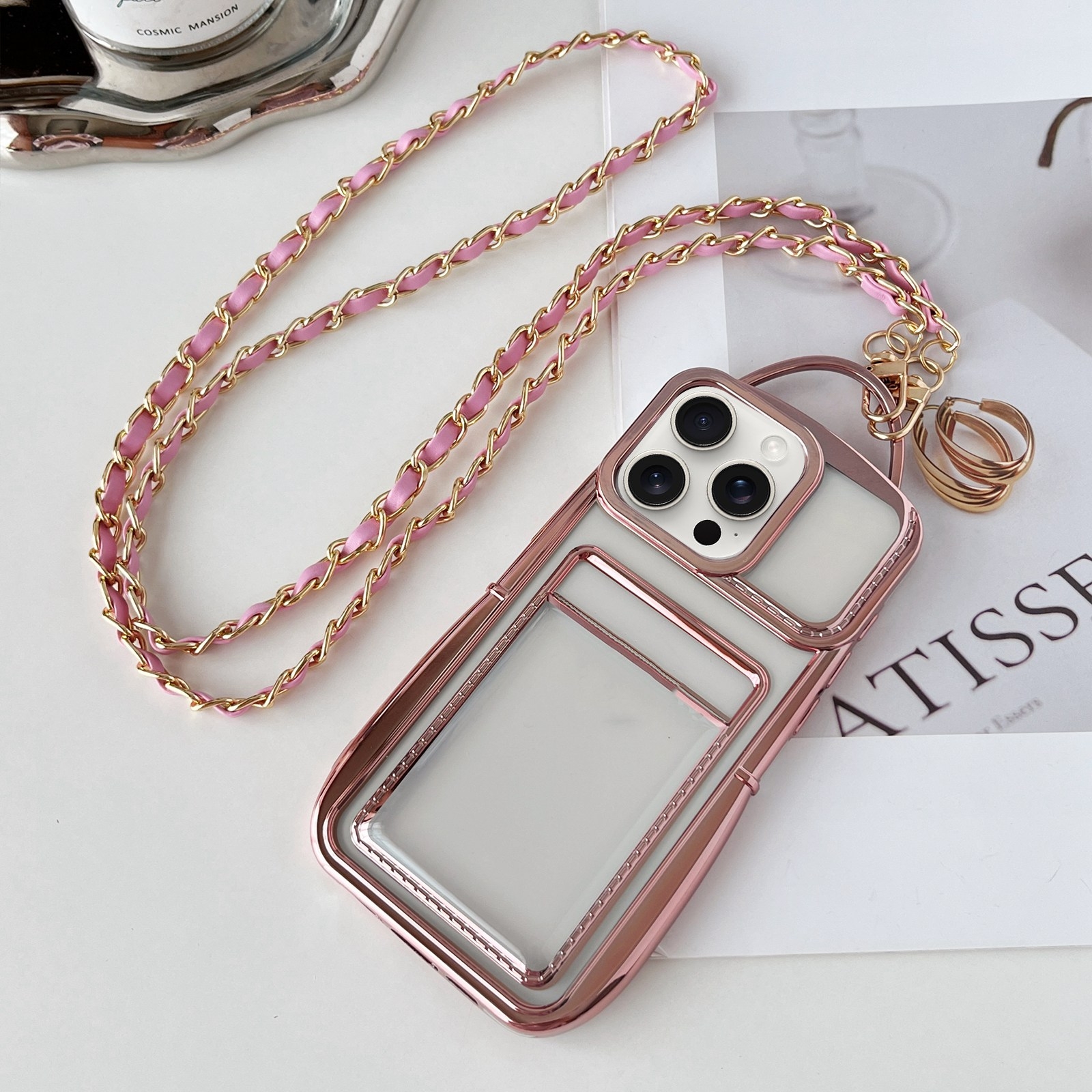 For iPhone 15 Pro Electroplated Clear Card Slot TPU Phone Case with Crossbody Chain(Pink) - Shopkiz.com