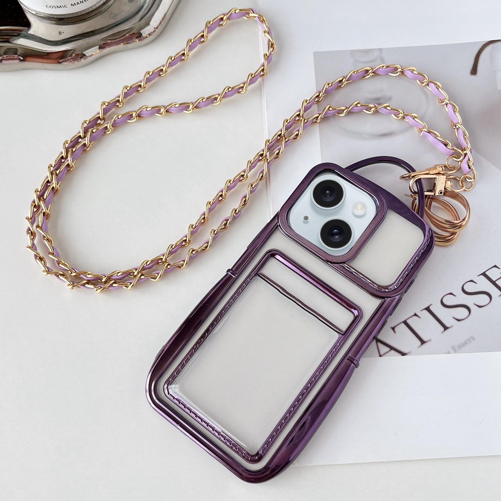 For iPhone 15 Plus Electroplated Clear Card Slot TPU Phone Case with Crossbody Chain(Purple) - Shopkiz.com
