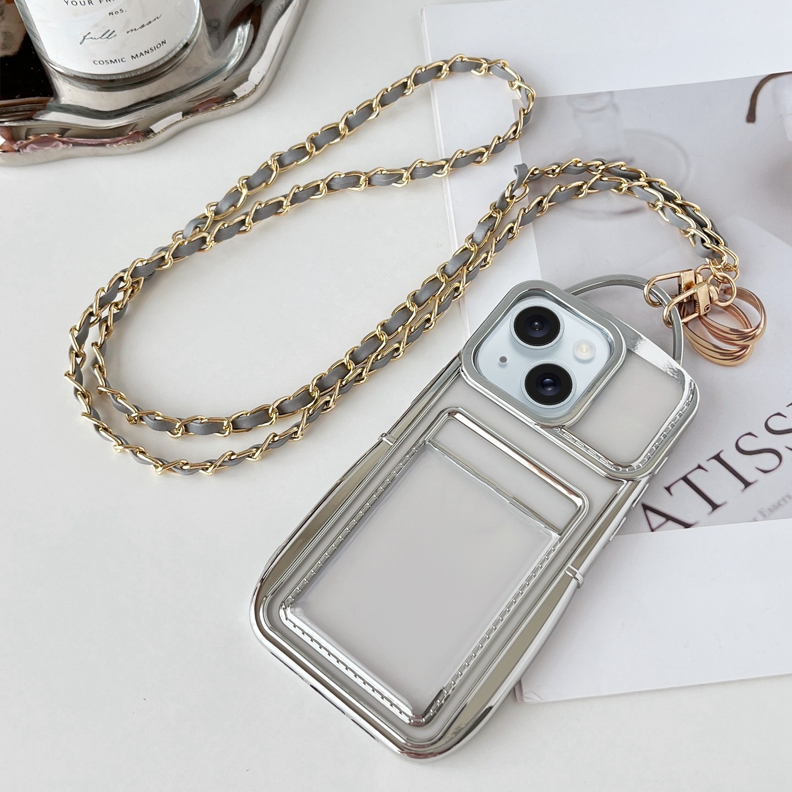For iPhone 14 Plus Electroplated Clear Card Slot TPU Phone Case with Crossbody Chain(Silver) - Shopkiz.com