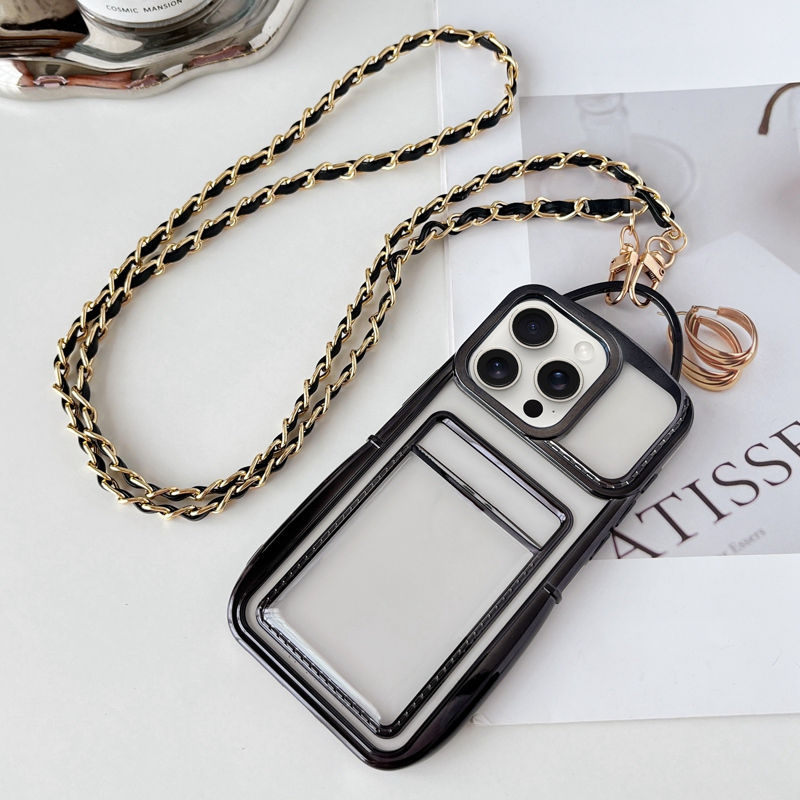 For iPhone 13 Pro Electroplated Clear Card Slot TPU Phone Case with Crossbody Chain(Black) - Shopkiz.com