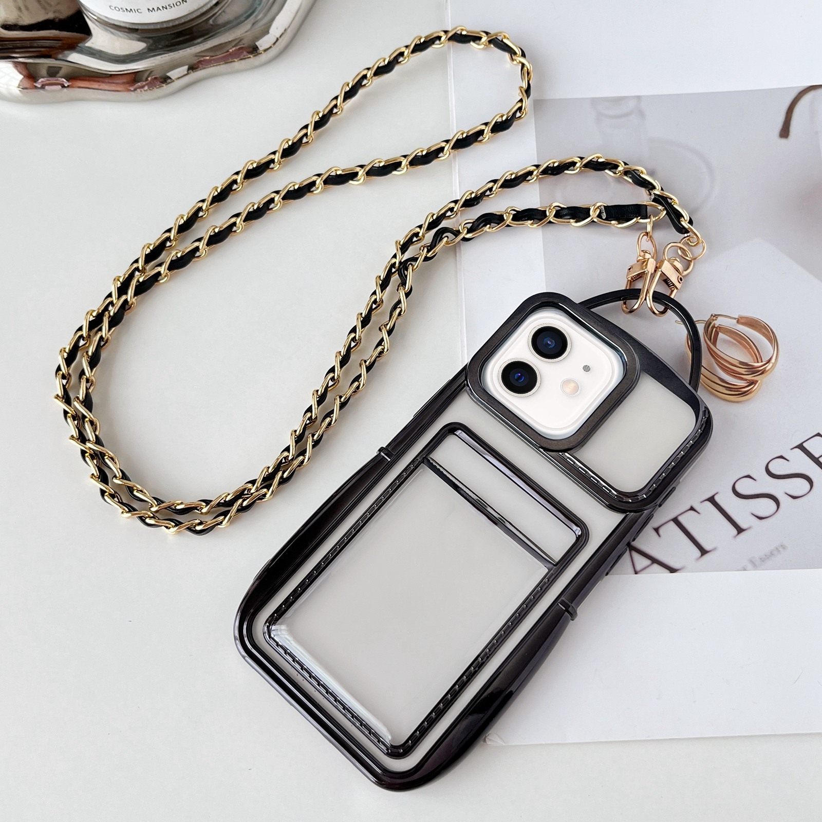 For iPhone 12 Electroplated Clear Card Slot TPU Phone Case with Crossbody Chain(Black) - Shopkiz.com
