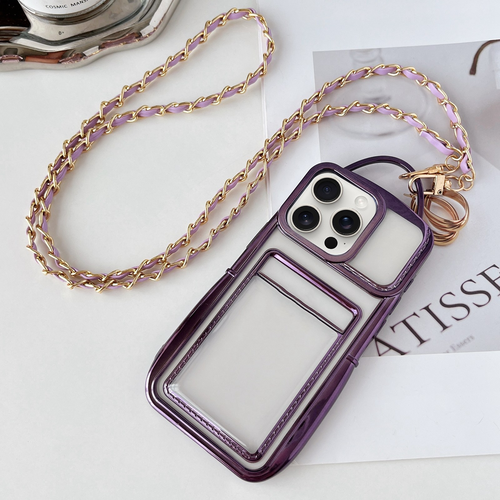 For iPhone 12 Pro Max Electroplated Clear Card Slot TPU Phone Case with Crossbody Chain(Purple) - Shopkiz.com