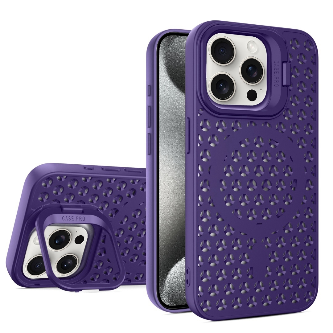 For iPhone 15 Pro Hollow Cooling Lens Holder MagSafe Magnetic TPU Phone Case(Purple) - Shopkiz.com