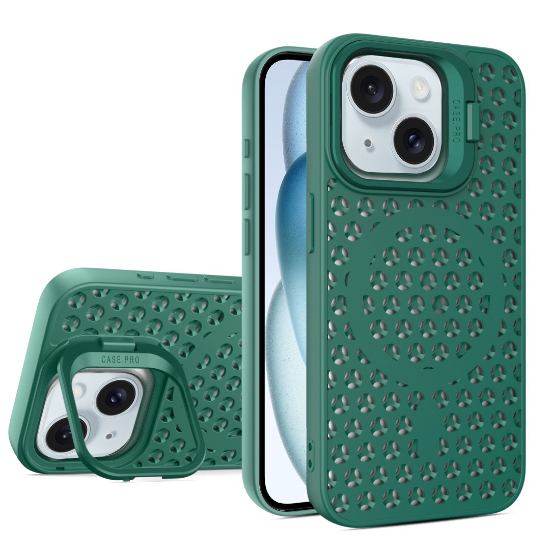 For iPhone 15 Hollow Cooling Lens Holder MagSafe Magnetic TPU Phone Case(Green) - Shopkiz.com