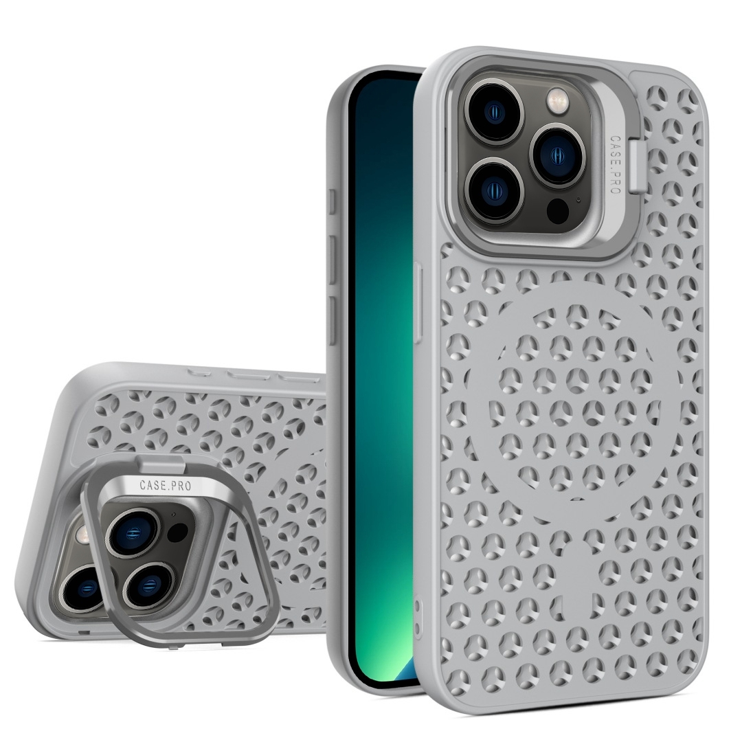 For iPhone 13 Pro Max Hollow Cooling Lens Holder MagSafe Magnetic TPU Phone Case(Grey) - Shopkiz.com