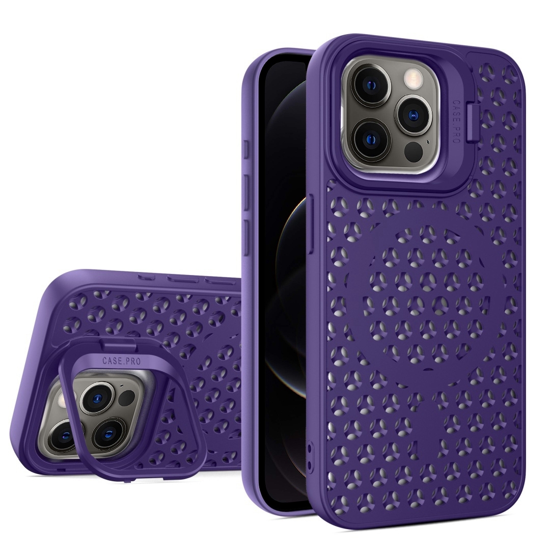 For iPhone 12 Pro Hollow Cooling Lens Holder MagSafe Magnetic TPU Phone Case(Purple) - Shopkiz.com