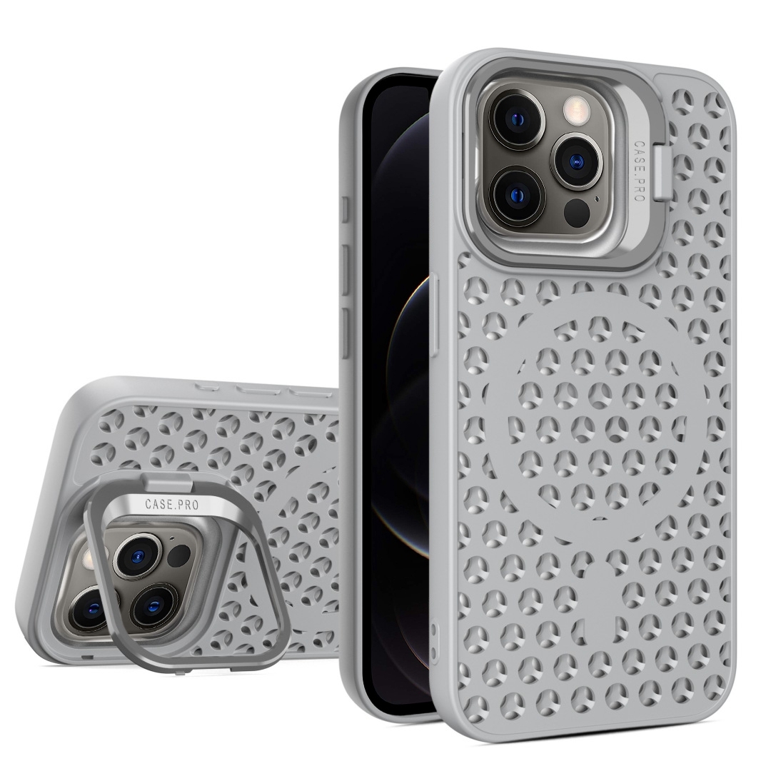 For iPhone 12 Pro Hollow Cooling Lens Holder MagSafe Magnetic TPU Phone Case(Grey) - Shopkiz.com