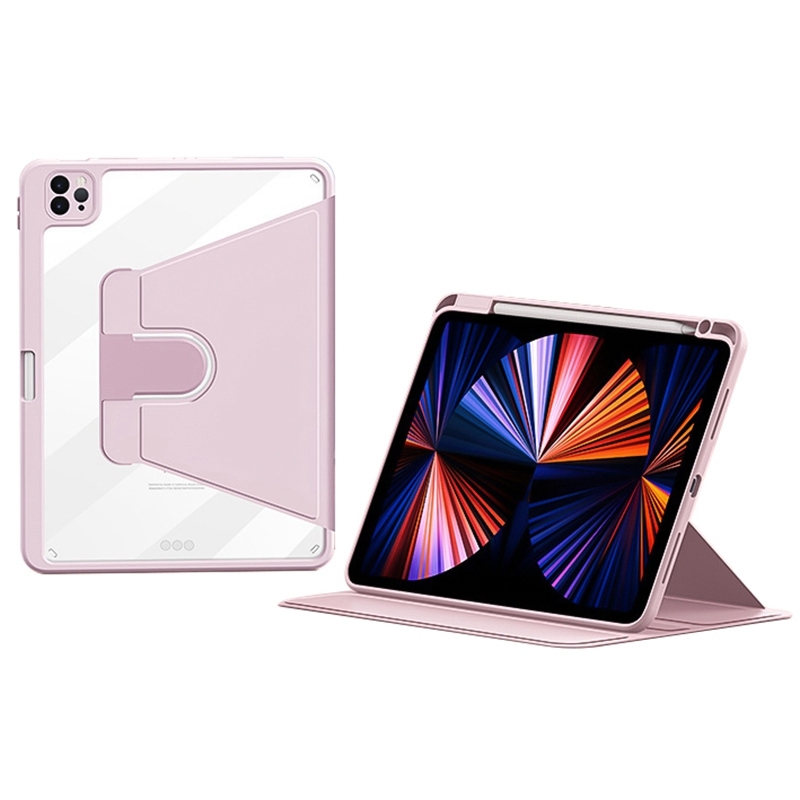 For iPad Pro 12.9 2022/2021/2020 ZGA Tri-Fold 360 Rotation Smart Leather Tablet Case(Pink) - Shopkiz.com