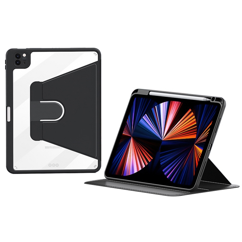 For iPad Pro 12.9 2022/2021/2020 ZGA Tri-Fold 360 Rotation Smart Leather Tablet Case(Black) - Shopkiz.com
