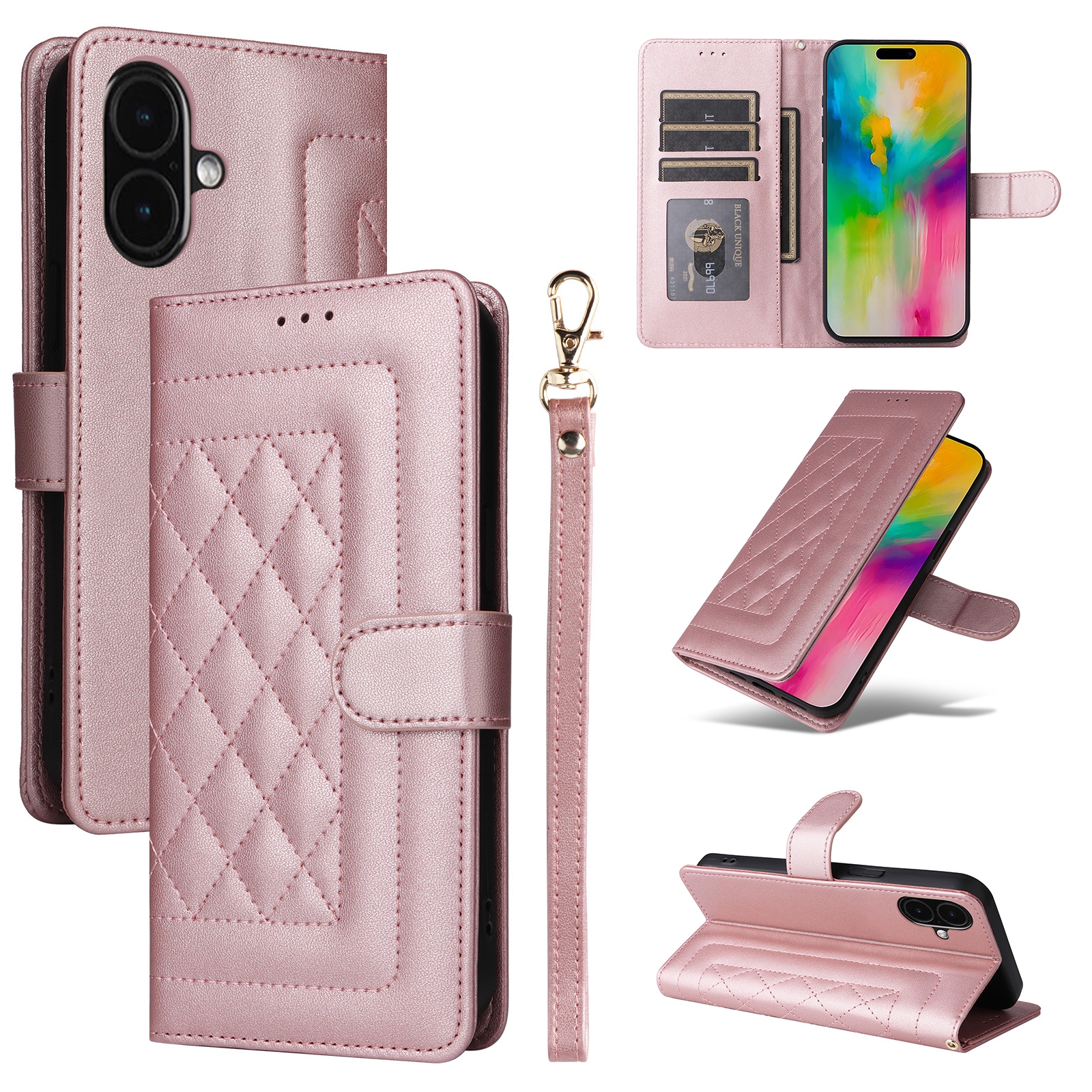 For iPhone 16 Plus Diamond Lattice Leather Flip Phone Case(Rose Gold) - Shopkiz.com