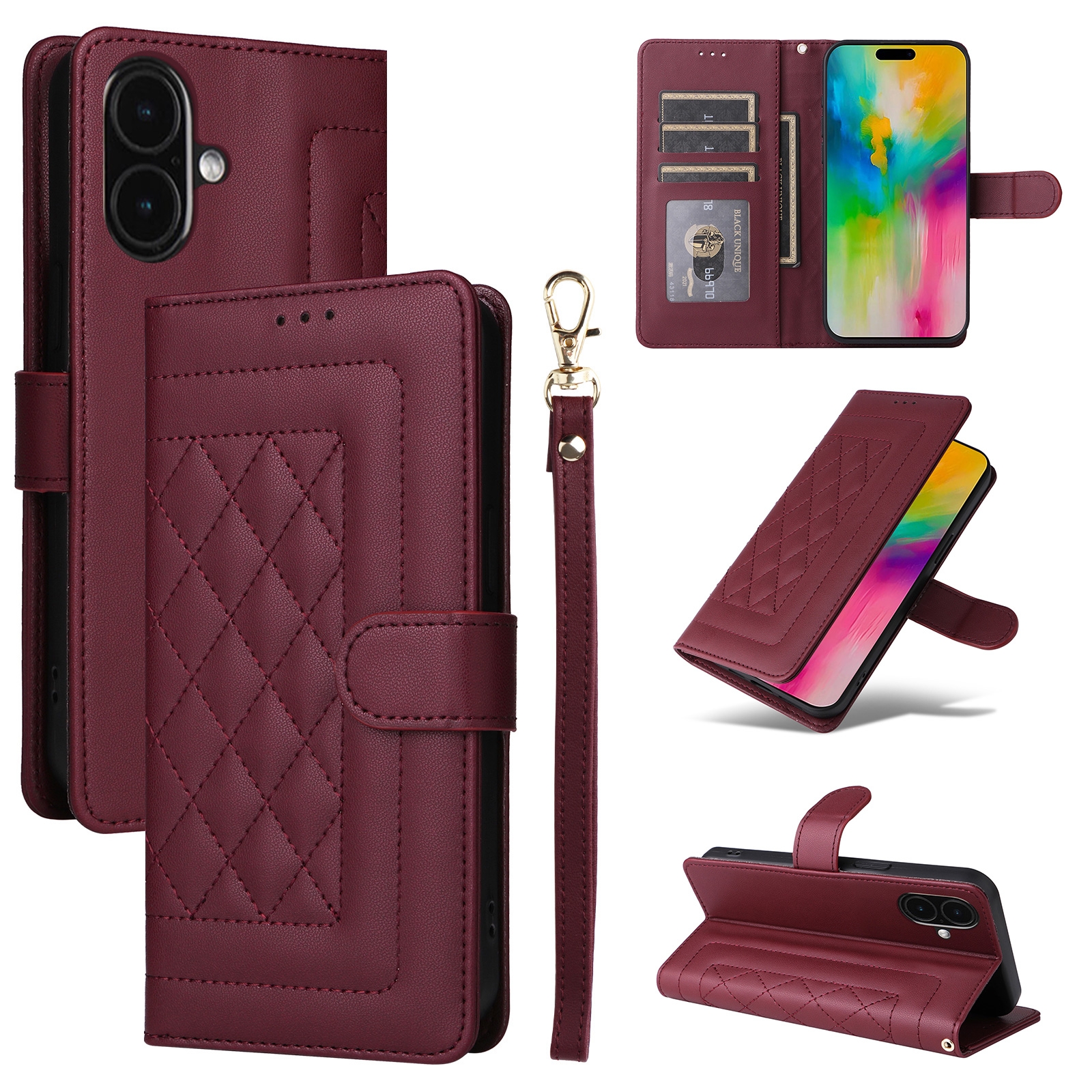 For iPhone 16 Plus Diamond Lattice Leather Flip Phone Case(Wine Red) - Shopkiz.com