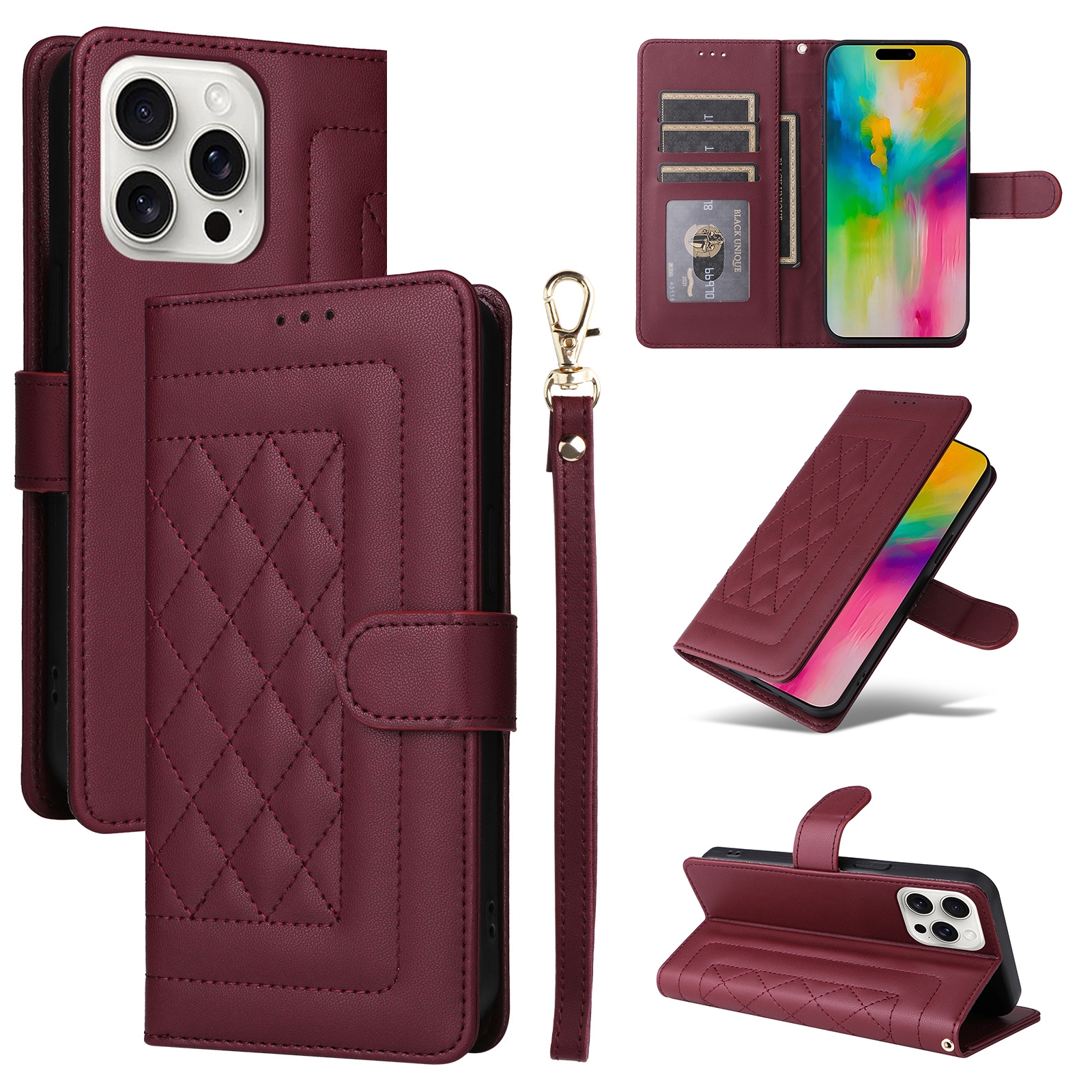 For iPhone 16 Pro Diamond Lattice Leather Flip Phone Case(Wine Red) - Shopkiz.com