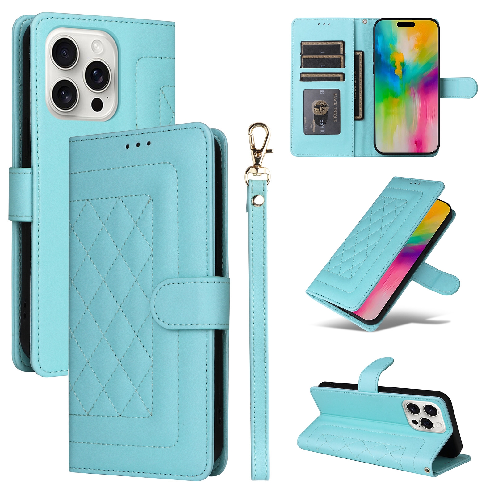 For iPhone 16 Pro Max Diamond Lattice Leather Flip Phone Case(Mint Green) - Shopkiz.com