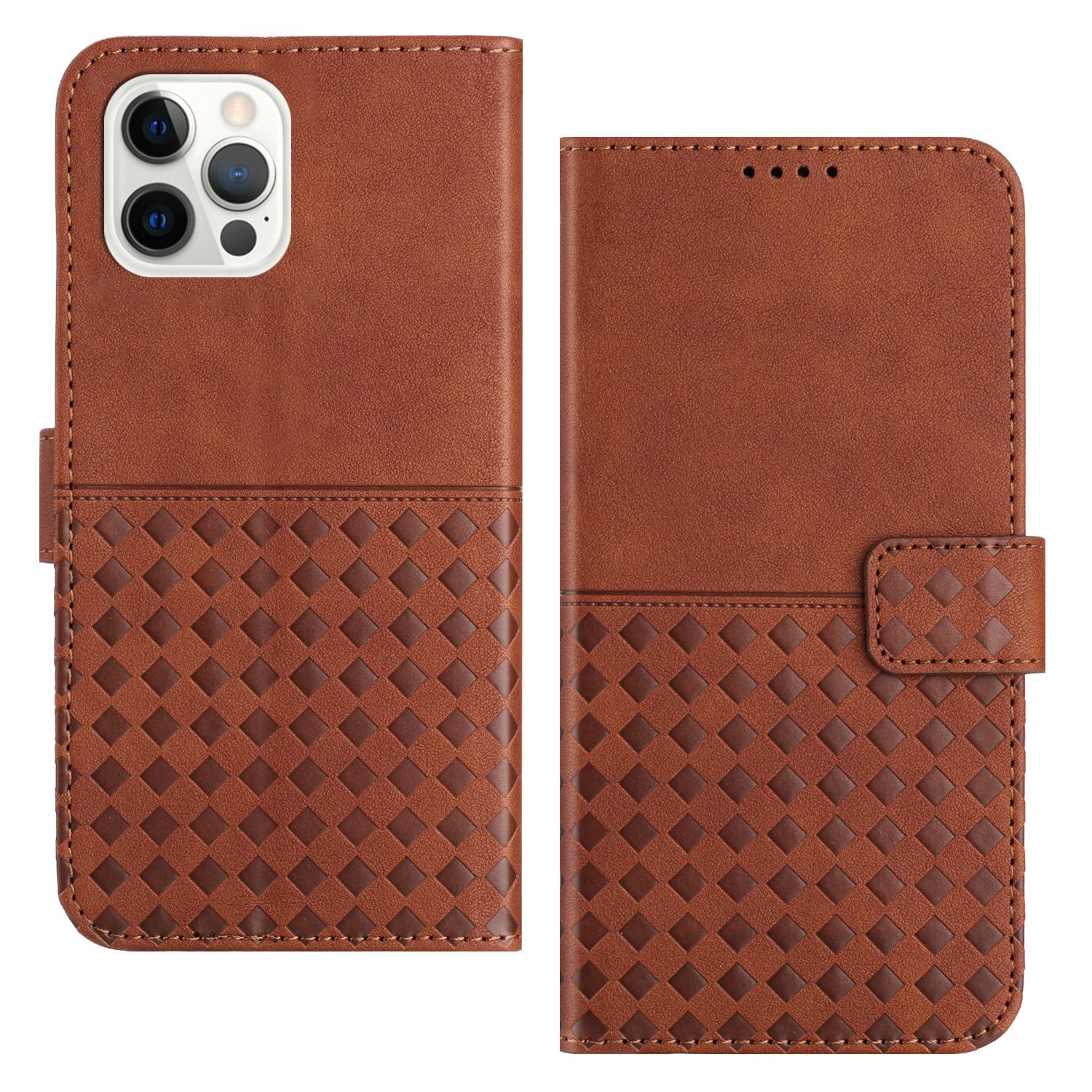 For iPhone 12 Pro Max Woven Embossed RFID Blocking Leather Phone Case(Brown) - Shopkiz.com