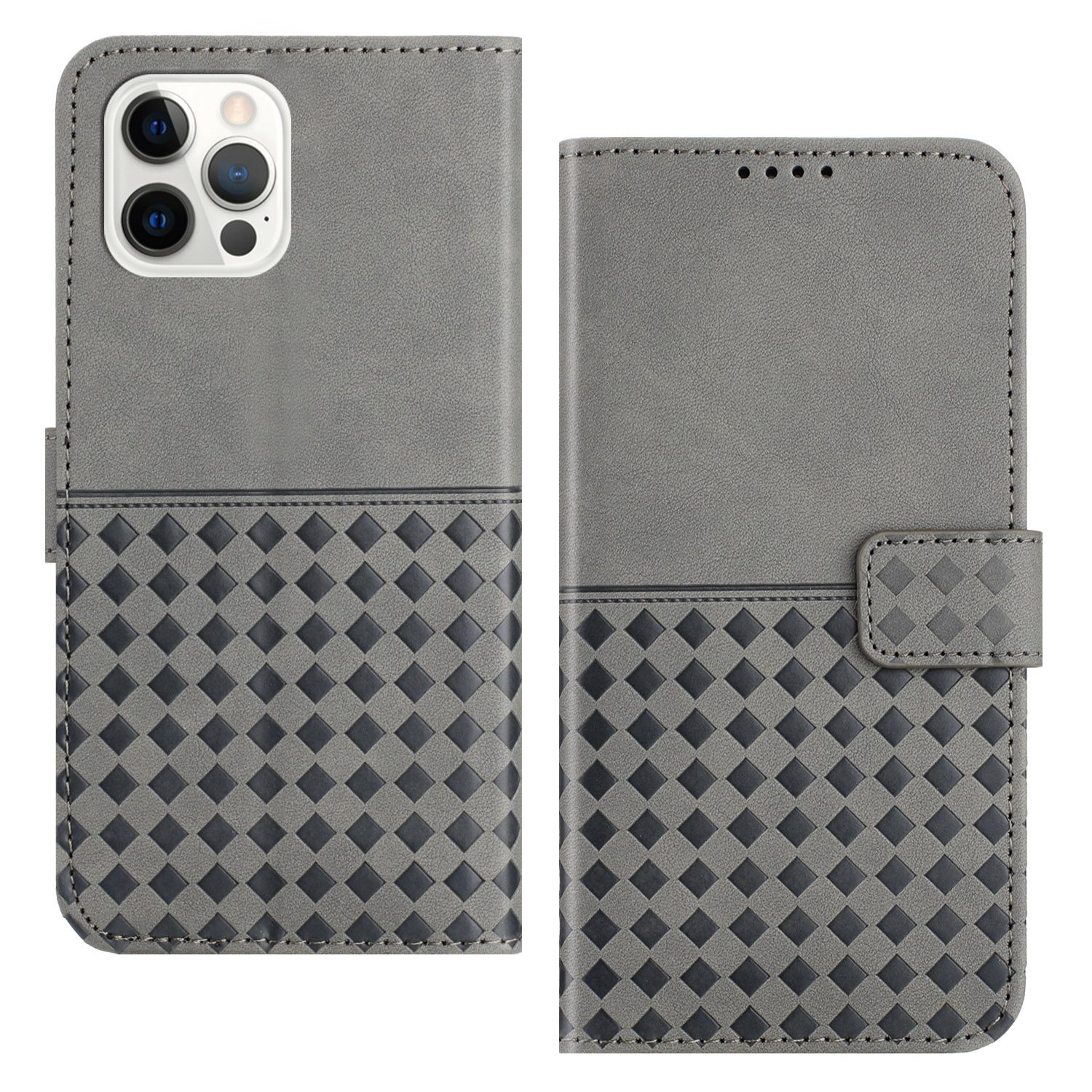 For iPhone 12 Pro Max Woven Embossed RFID Blocking Leather Phone Case(Grey) - Shopkiz.com