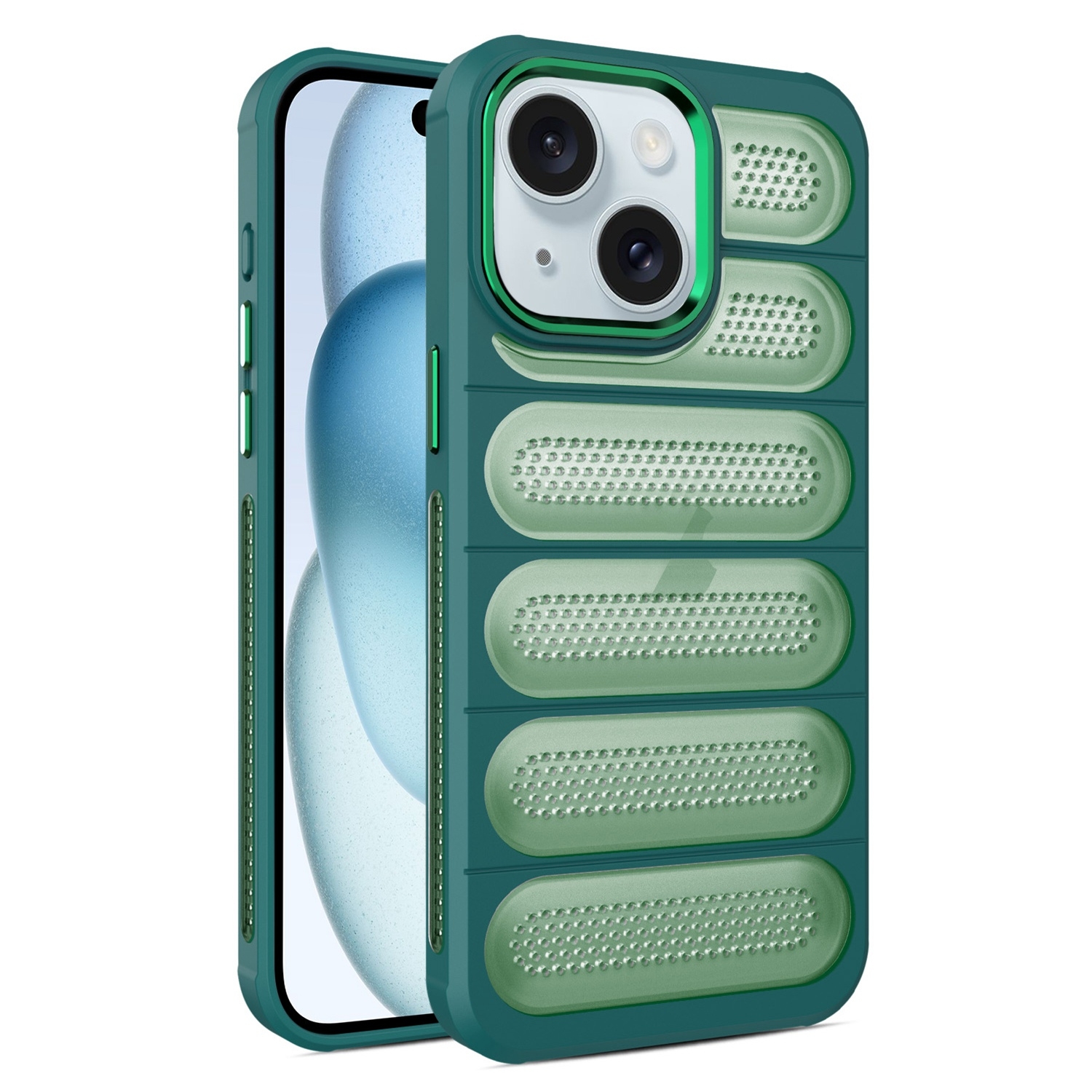For iPhone 15 Cooling Armor Translucent Mesh Breathable Phone Case(Green) - Shopkiz.com