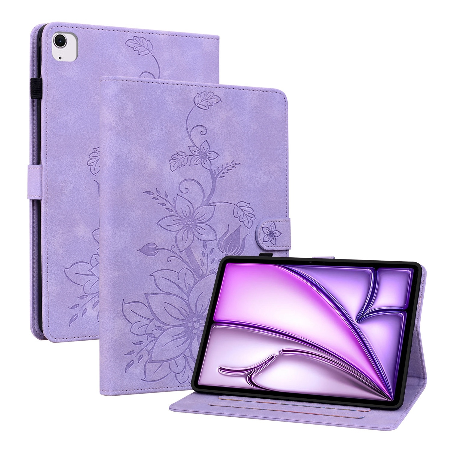 For iPad Air 13 2026 / 2025 / 2024 Lily Embossed Leather Smart Tablet Case(Purple) - Shopkiz.com