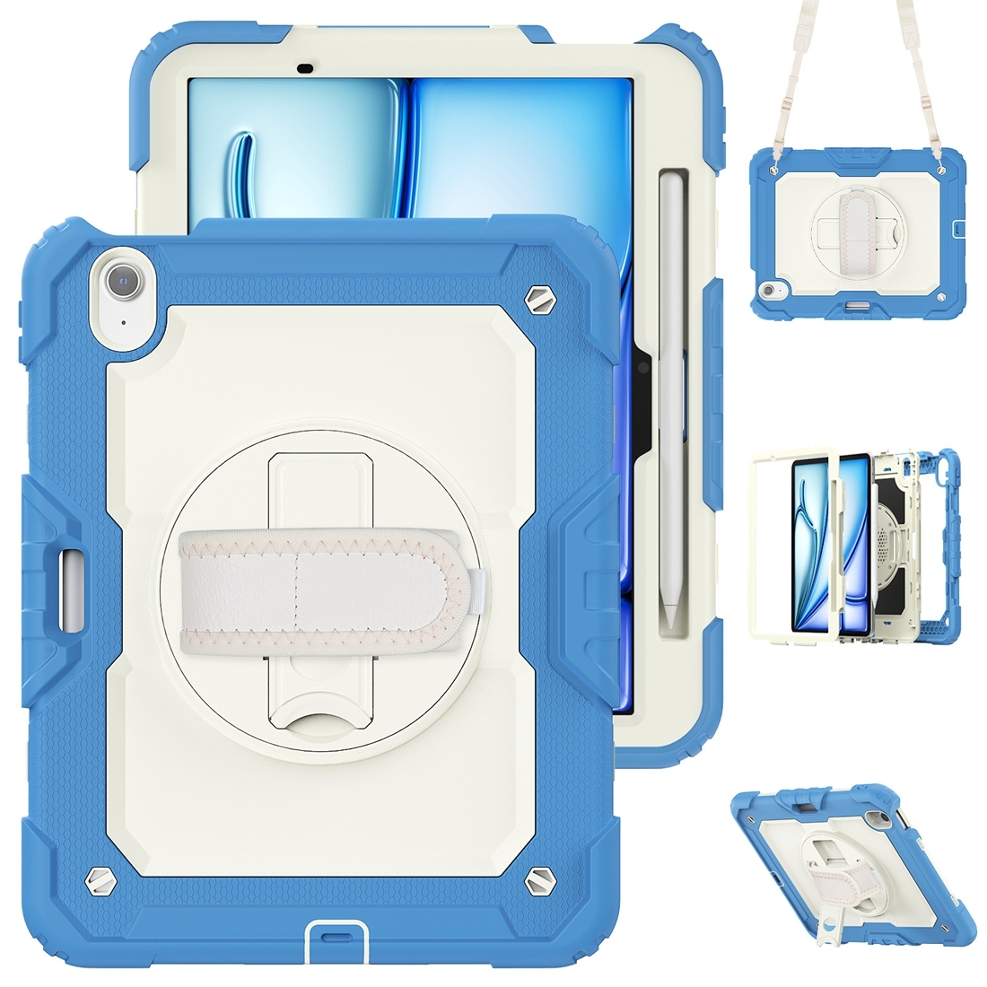 For iPad Air 11 2026 / 2025 / 2024 Lucky Wheel Grip Silicone Hybrid PC Tablet Case with Shoulder Strap(Cream+Navy Blue) - Shopkiz.com