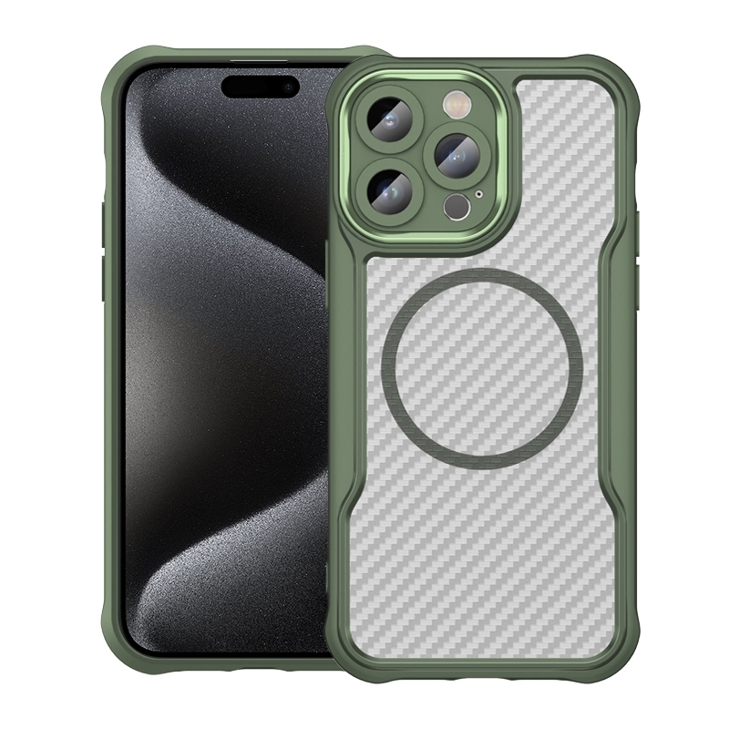 For iPhone 15 Pro Max Carbon Fiber Texture MagSafe Translucent Phone Case(Green) - Shopkiz.com
