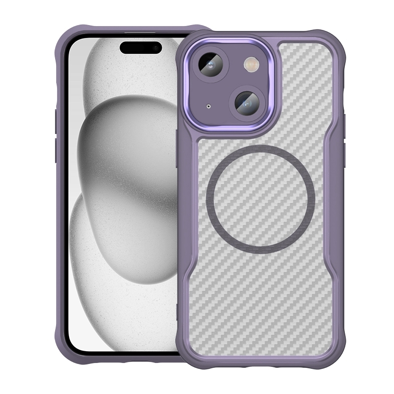 For iPhone 15 Plus / 14 Plus Carbon Fiber Texture MagSafe Translucent Phone Case(Purple) - Shopkiz.com