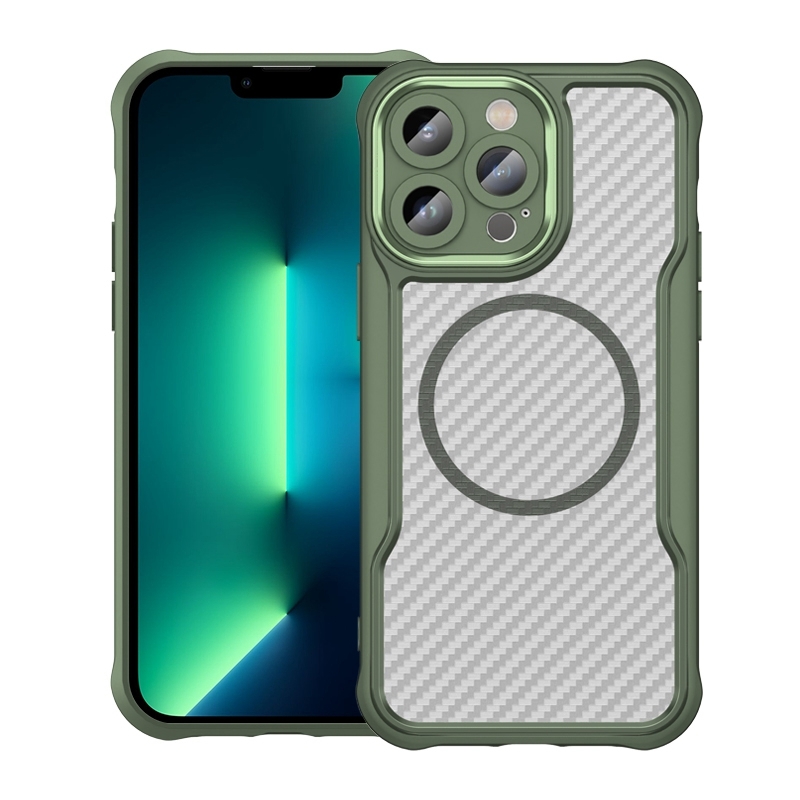 For iPhone 13 Pro Max Carbon Fiber Texture MagSafe Translucent Phone Case(Green) - Shopkiz.com