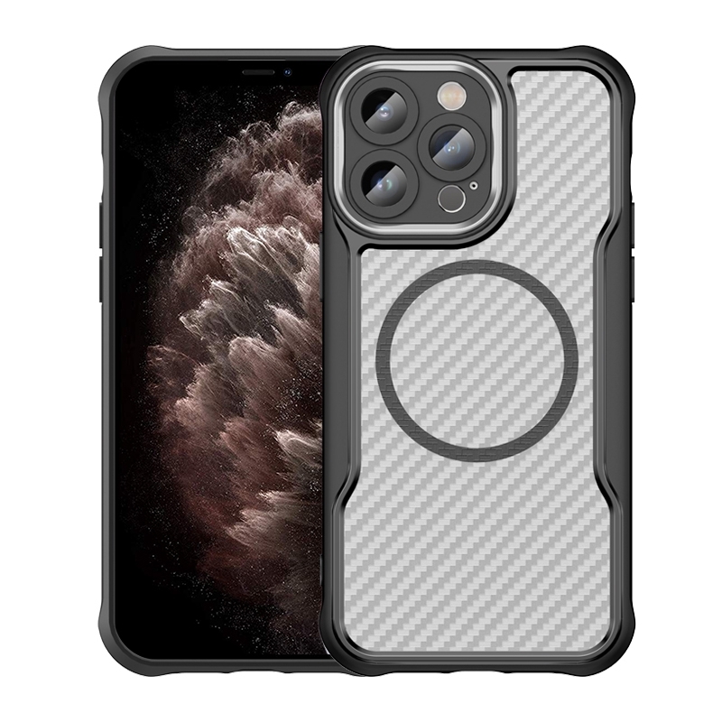 For iPhone 11 Pro Max Carbon Fiber Texture MagSafe Translucent Phone Case(Black) - Shopkiz.com