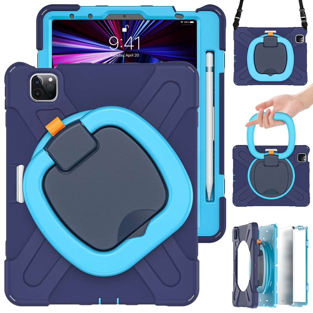 For iPad Air 11 2024 / Air 11 2025 Silicone Hybrid PC Tablet Case with Holder & Shoulder Strap(Navy Blue) - Shopkiz.com