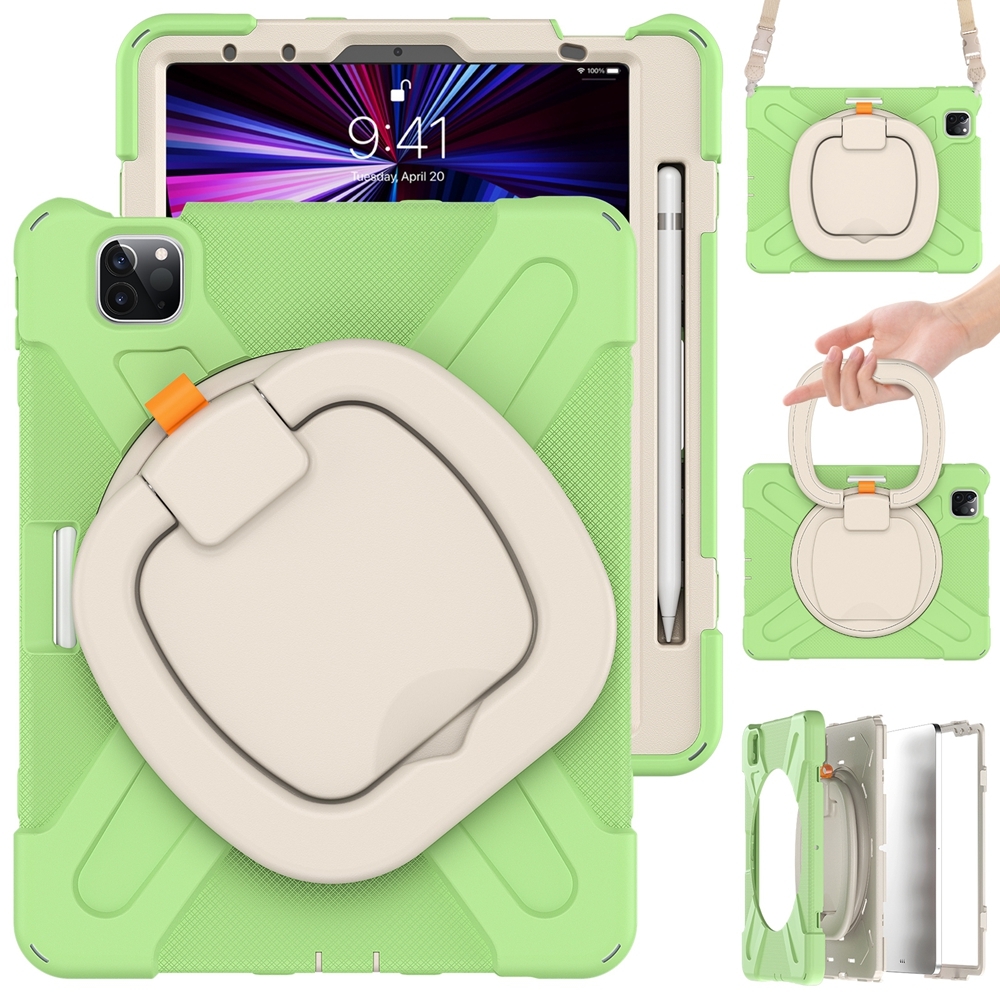 For iPad Air 11 2024 / Air 11 2025 Silicone Hybrid PC Tablet Case with Holder & Shoulder Strap(Matcha Green) - Shopkiz.com