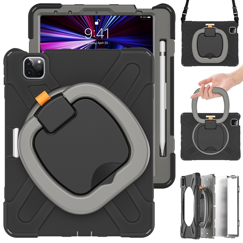 For iPad Pro 11 2025 / 2024 Silicone Hybrid PC Tablet Case with Holder & Shoulder Strap(Black Grey) - Shopkiz.com