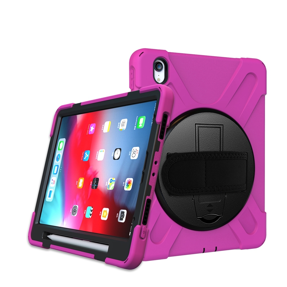 For iPad Air 11 2026 / 2025 / 2024 Rotatable Holder Silicone Hybrid PC Tablet Case with Shoulder Strap(Rose Red) - Shopkiz.com