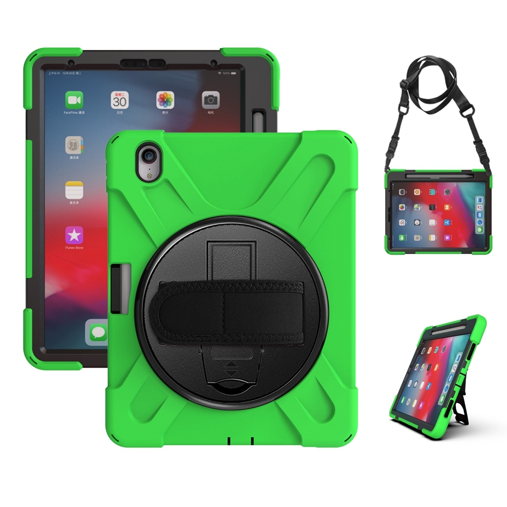 For iPad Pro 11 2025 / 2024 Rotatable Holder Silicone Hybrid PC Tablet Case with Shoulder Strap(Green) - Shopkiz.com