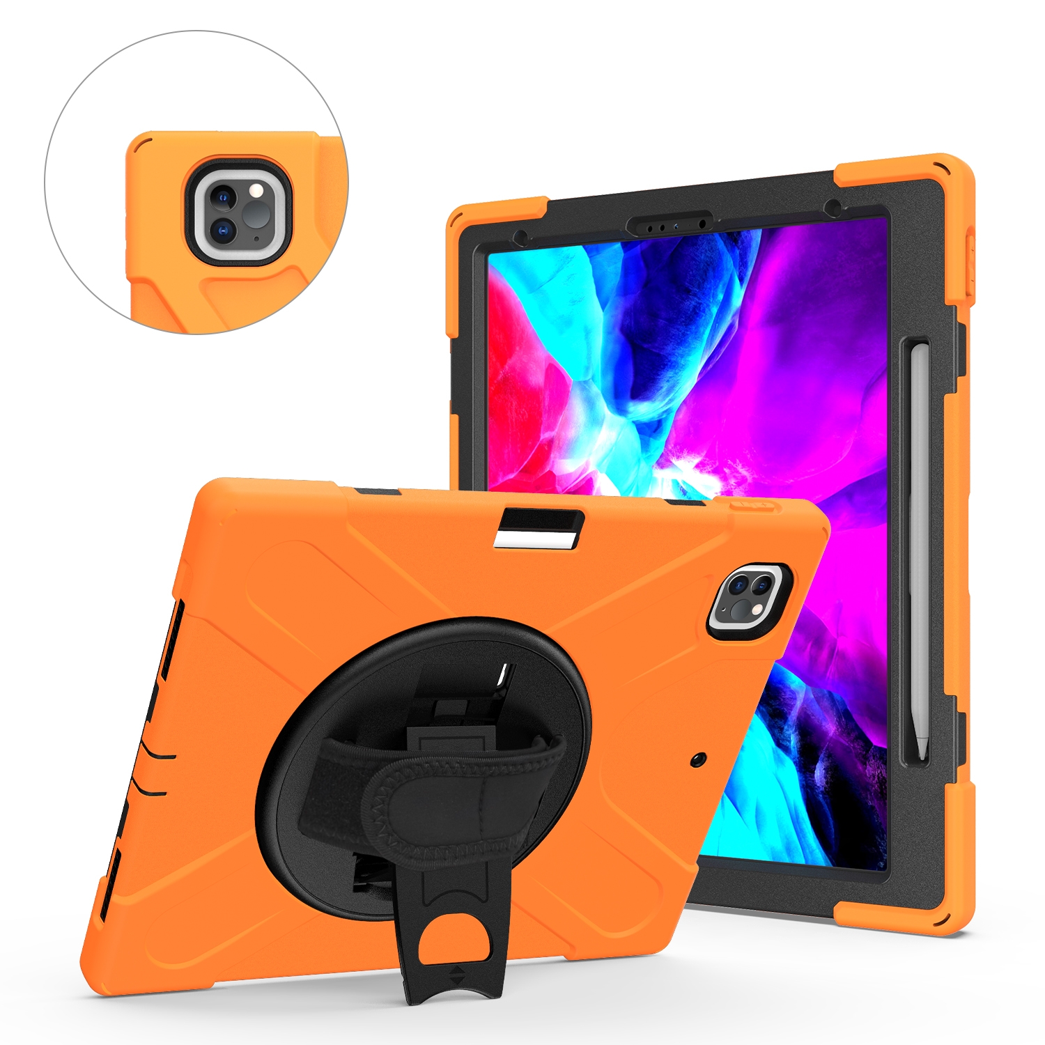 For iPad Air 13 2026 / 2025 / 2024 Rotatable Holder Silicone Hybrid PC Tablet Case with Shoulder Strap(Orange) - Shopkiz.com