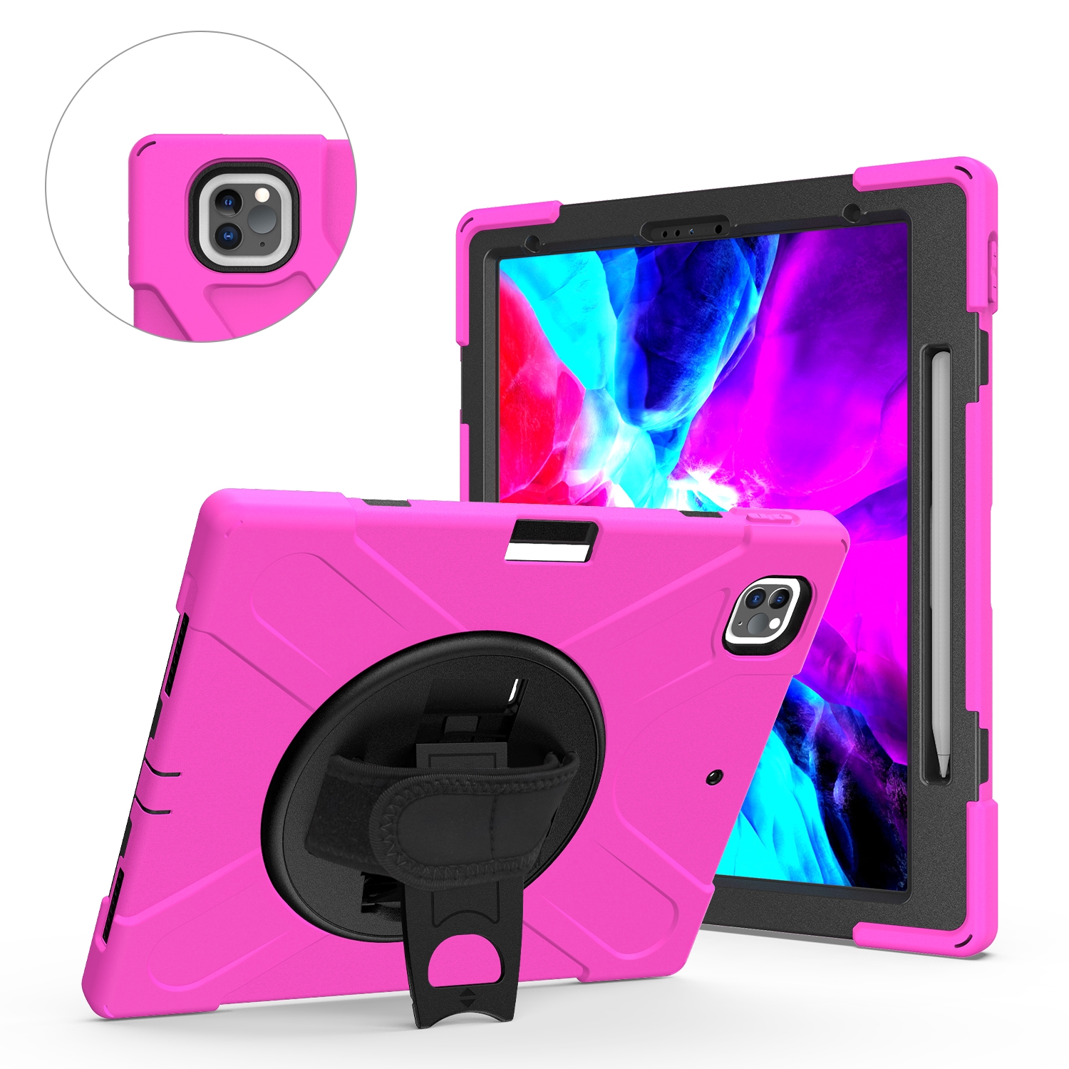 For iPad Air 13 2026 / 2025 / 2024 Rotatable Holder Silicone Hybrid PC Tablet Case with Shoulder Strap(Rose Red) - Shopkiz.com