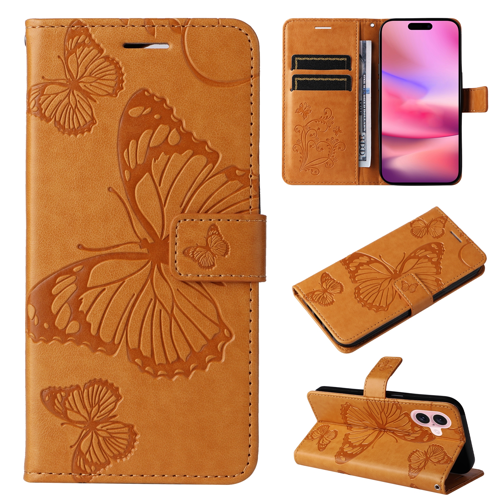 For iPhone 16 3D Butterfly Embossed Pattern Flip Leather Phone Case(Yellow) - Shopkiz.com