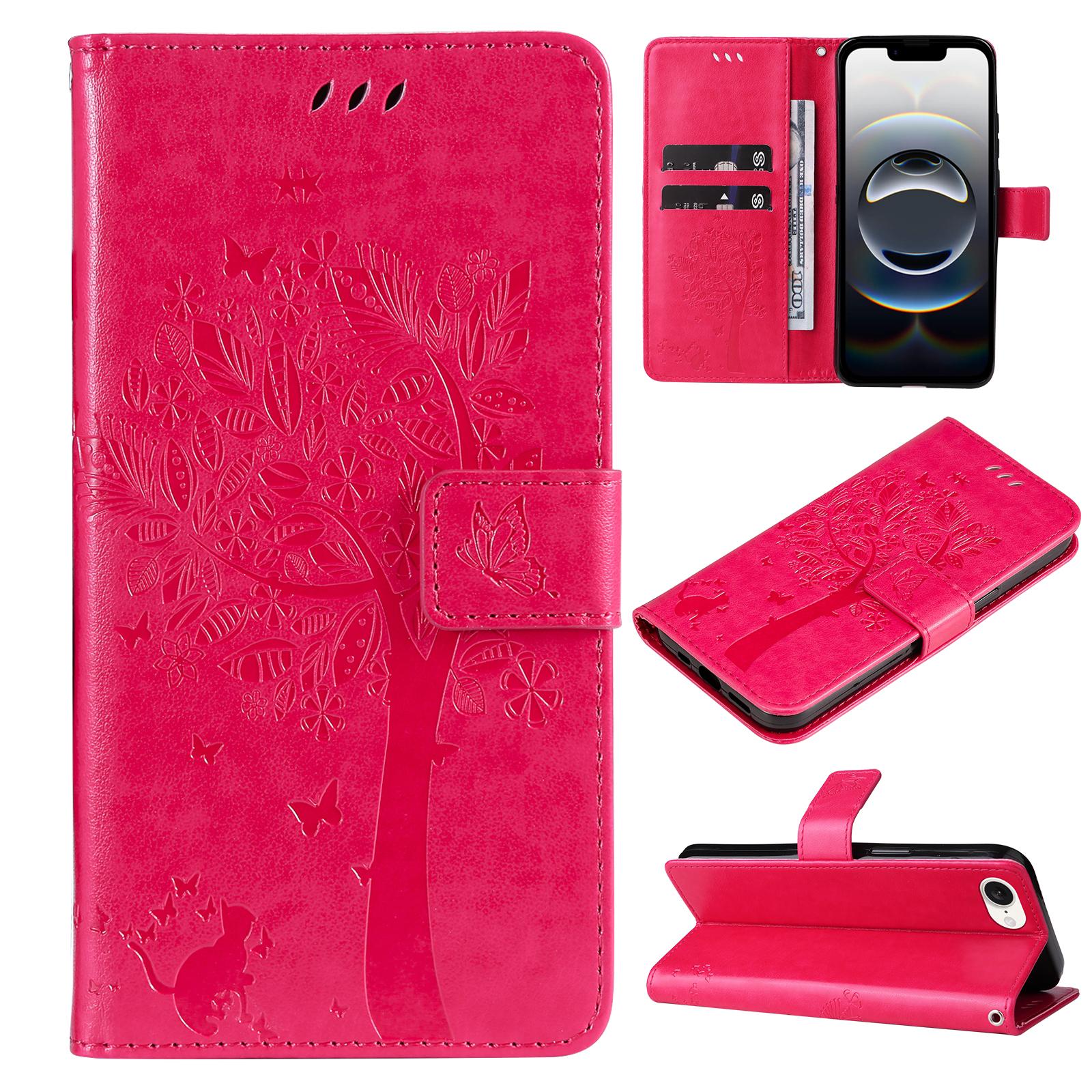 For iPhone 17e / 16e Tree & Cat Embossed Pattern Flip Leather Phone Case(Rose Red) - Shopkiz.com