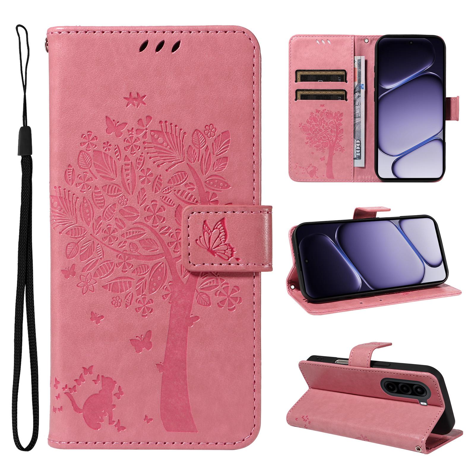 For OnePlus Nord CE6 Lite/Turbo 6X 5G Tree & Cat Embossed Pattern Flip Leather Phone Case(Pink) - Shopkiz.com